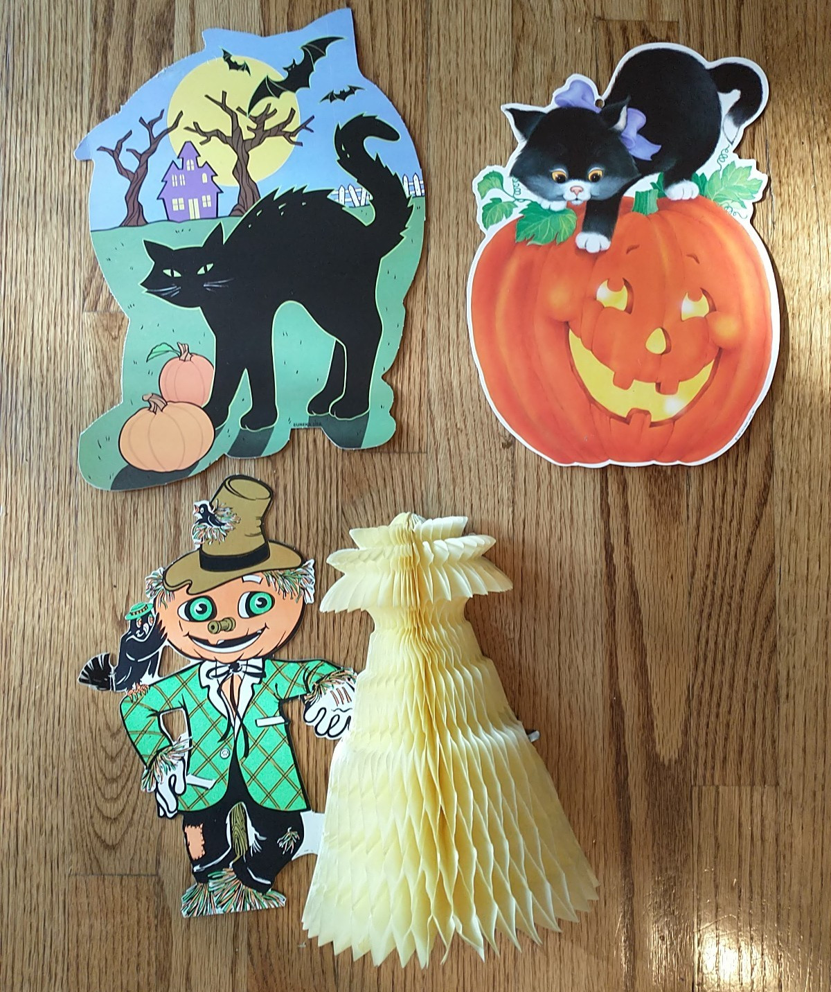 Lot/3 Vtg 1987 Hallmark, Eureka Halloween Black Cat Pumpkin Scarecrow Sign 11.5\