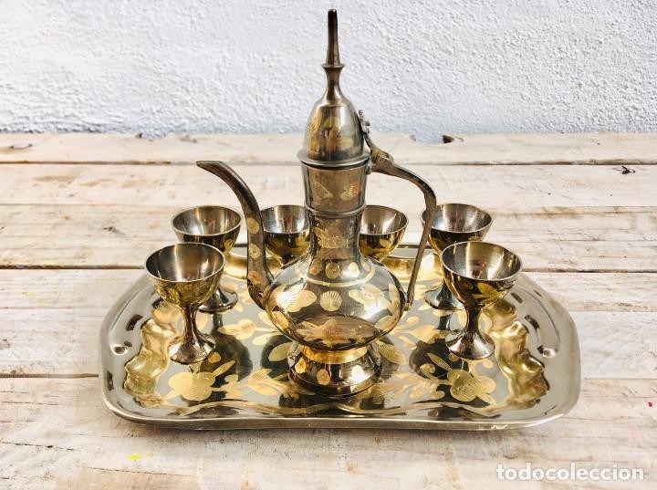 Vintage Brass & Silver-Tone Metal Tea Set - Pitcher, Tray & 6 Goblet Cups