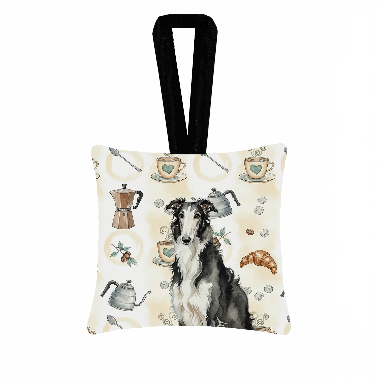 Carolines Treasures Black White Borzoi Coffee Bar Hanging Square Fabric Ornament