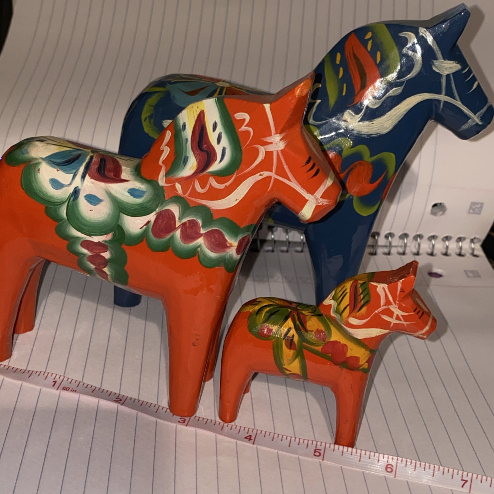 3 Vintage Nils Olsson Sweden Folk Art Swedish Horses Christmas Decor Blue , Red/