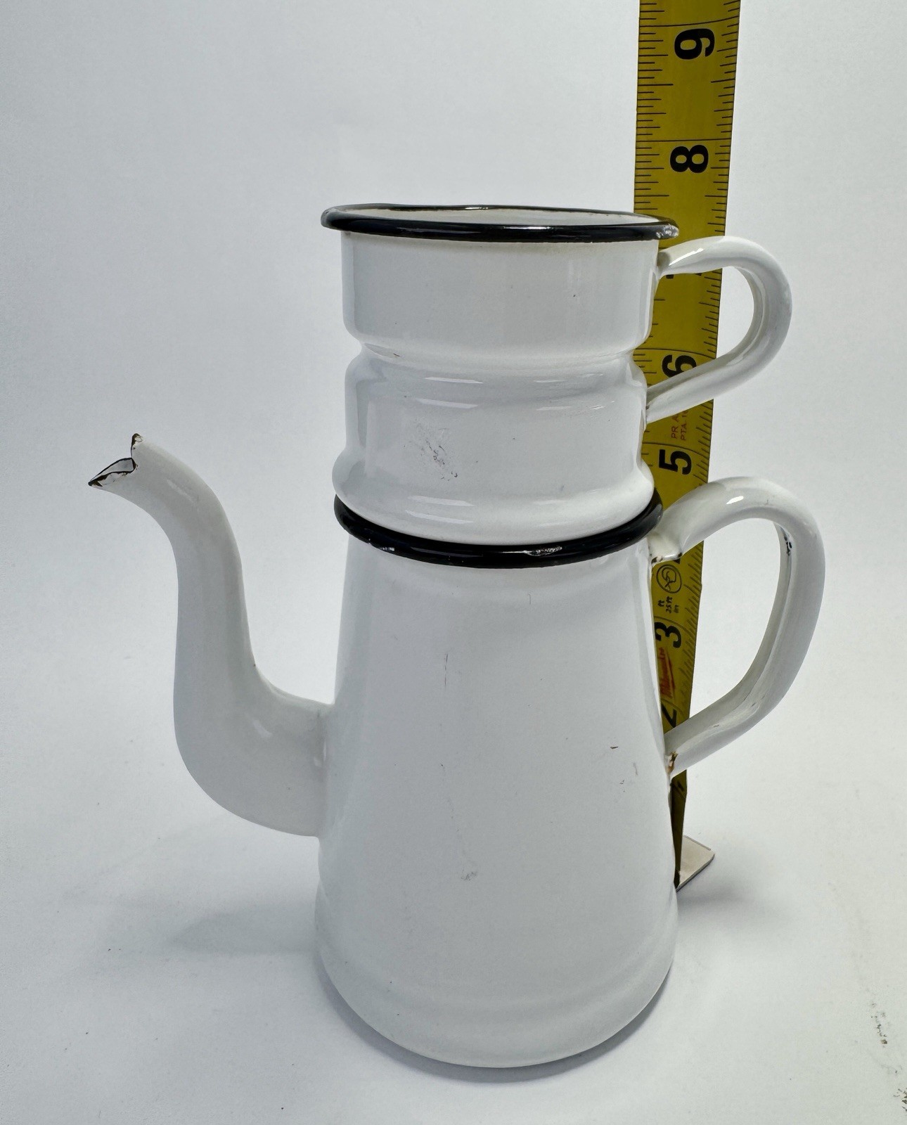 French Drip Coffee Pot Biggin Vintage White Enamel 2 Piece Black Trim - No Lid