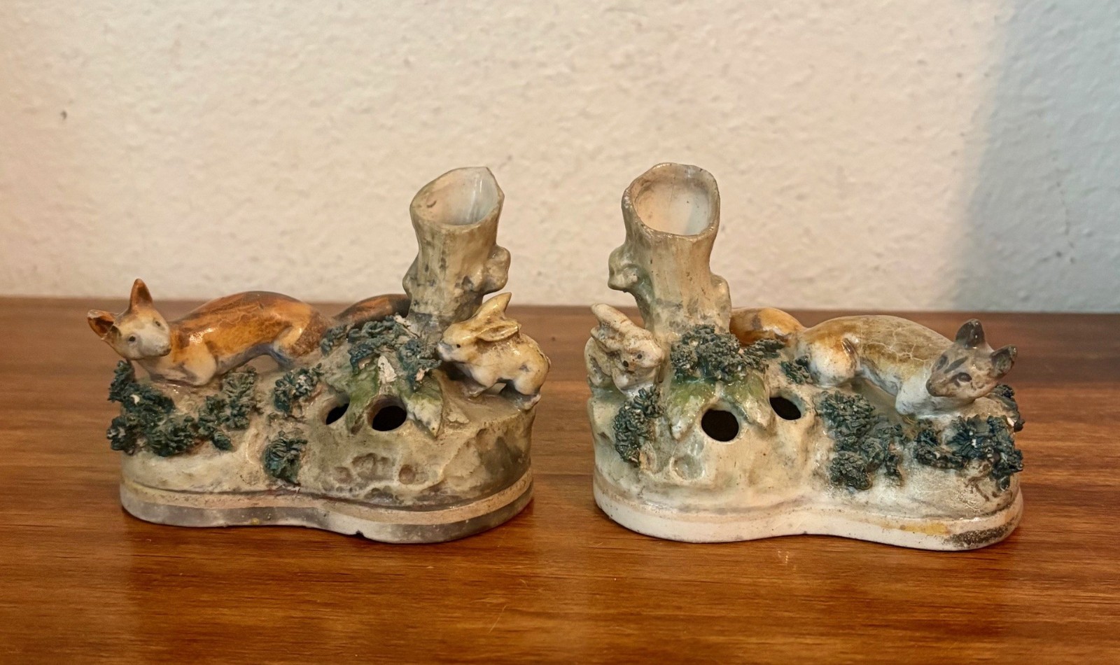Pair Antique 19th c English Staffordshire Porcelain Spill Vases, FOX & HARE
