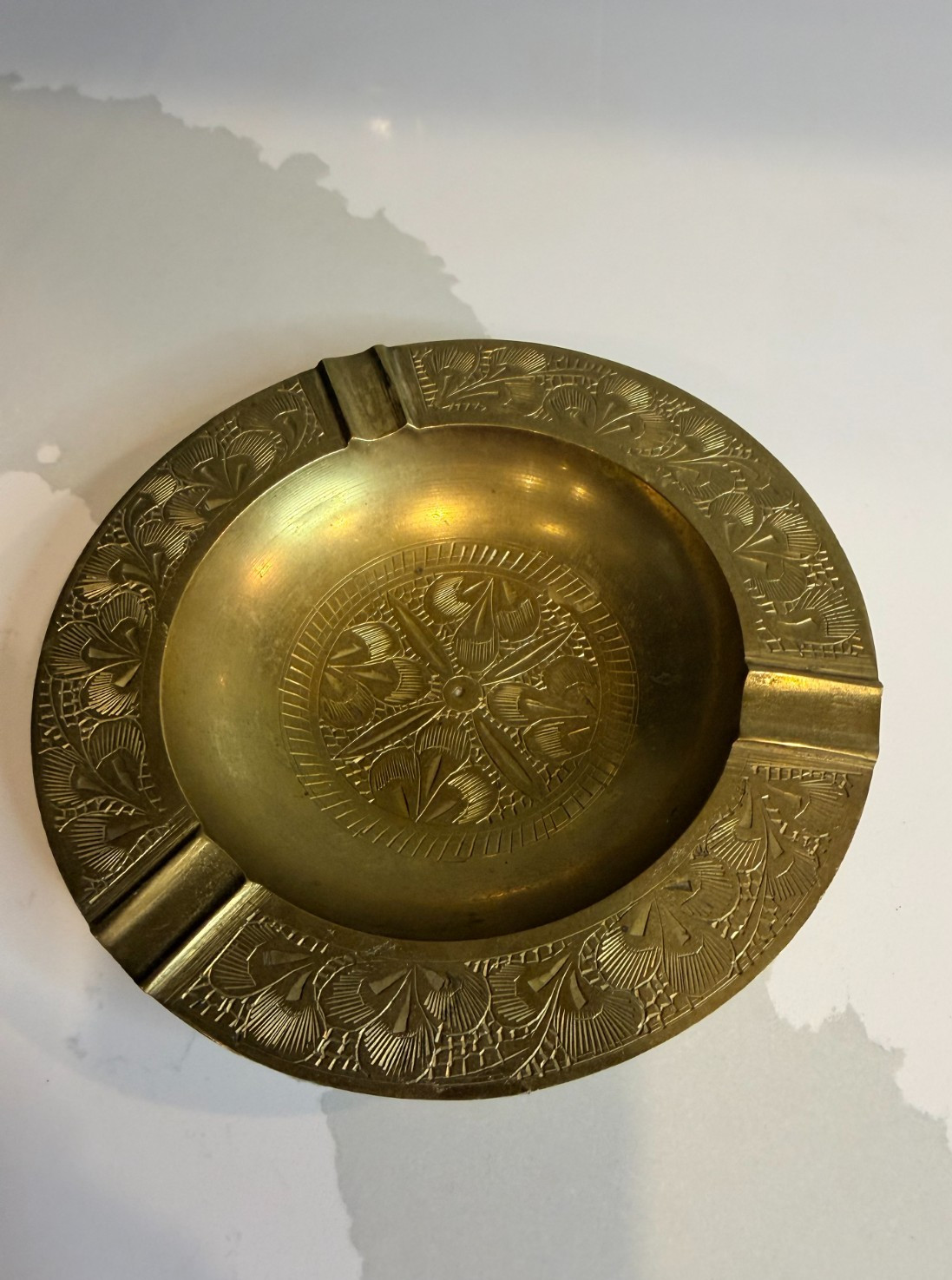 Vtg Hand Engraved Brass Ashtray Made in India Mid Century Etched Trinket Dish