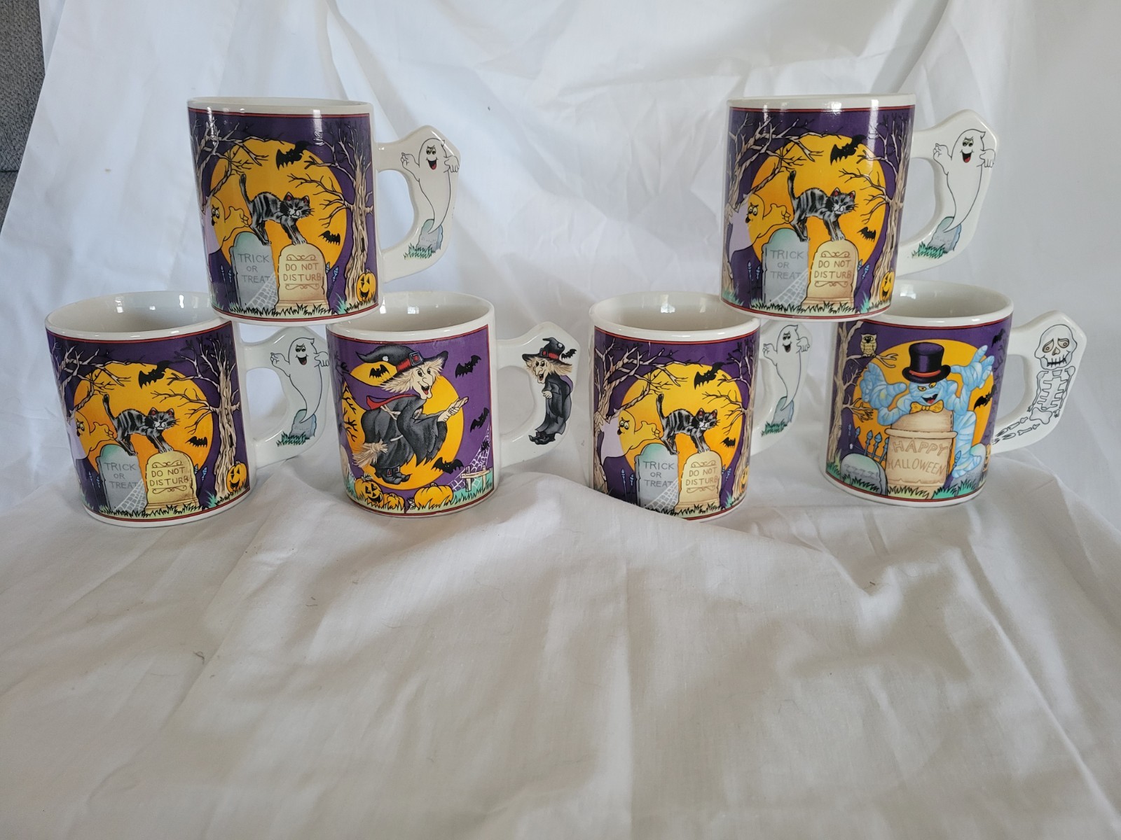 Lot Of 6 Vntg Halloween Mugs w/Handles Witch/Cat/Mummy 3 3/4