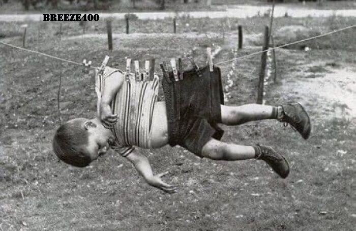 Odd Vintage Photo/Weird, Funny/1940\'s YOUNG BOY HANGING OUT TO DRY/4x6 B&W Rpt.