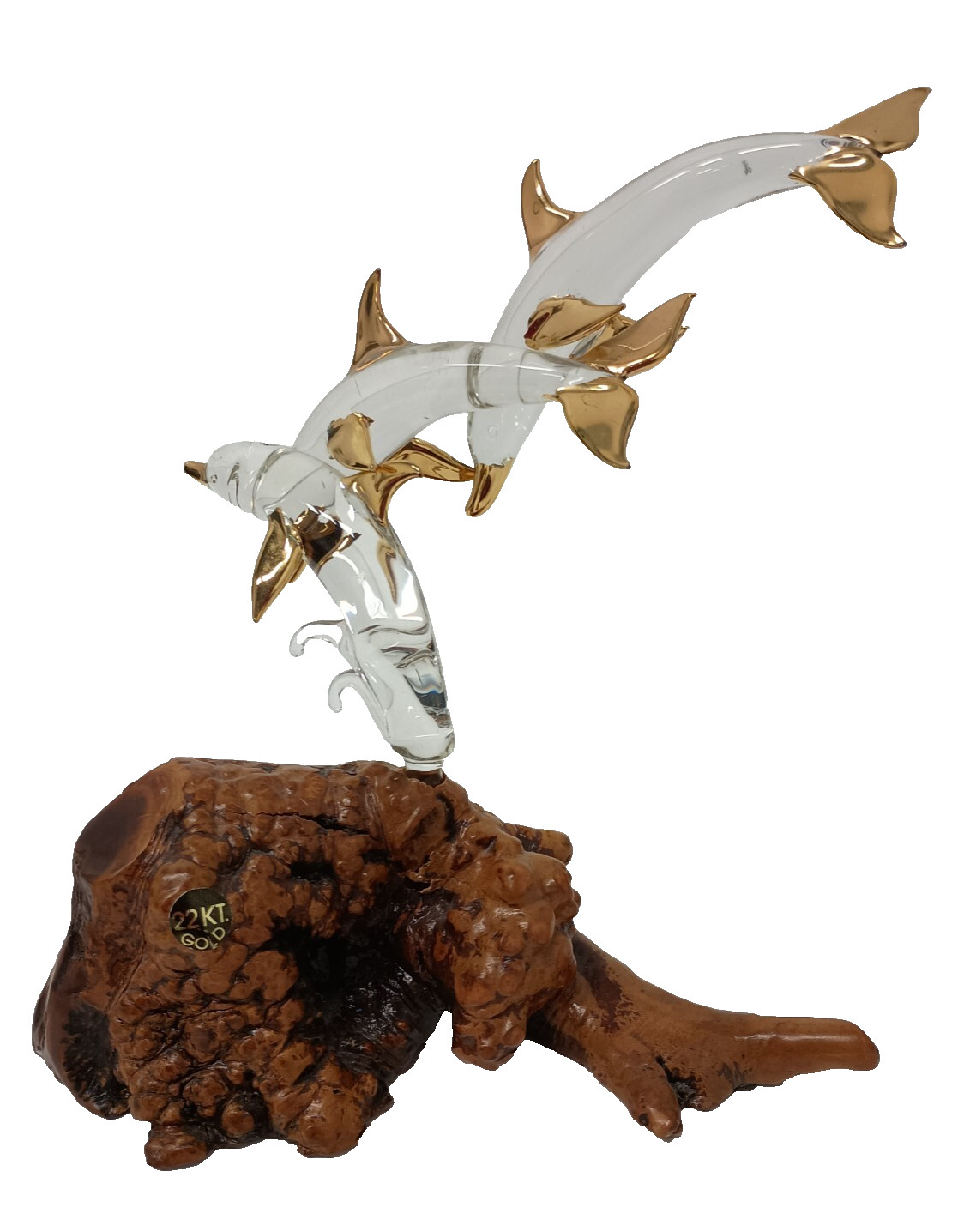 Vintage Two Glass Sharks On Large Wood Base 22 Kt Gold Clear Figurine Statue