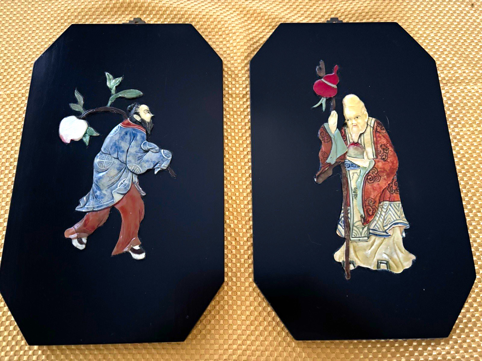 Vintage Chinese Pair Inlay Art Plaques Wall Panels w/ Hangers