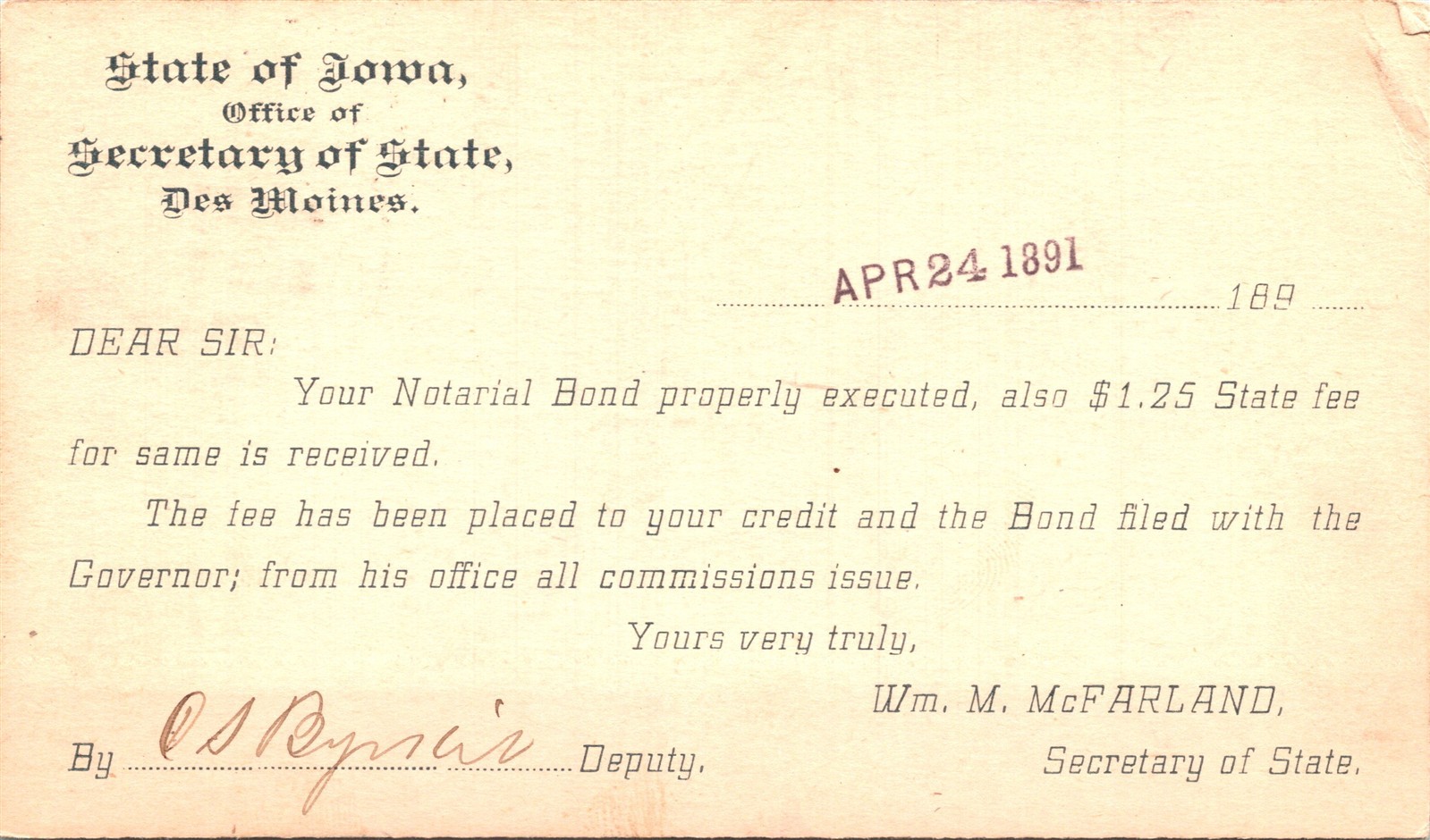 Postal Card IA Des Moines Office Secretary of State Notarial Bond UX10 1891 V237