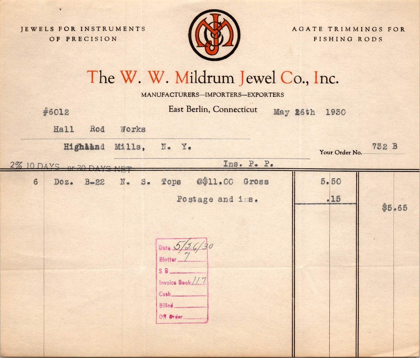 The WW Mildrum Jewel Co Inc 1930 E Berlin CT Antique Letterhead Billhead TC21