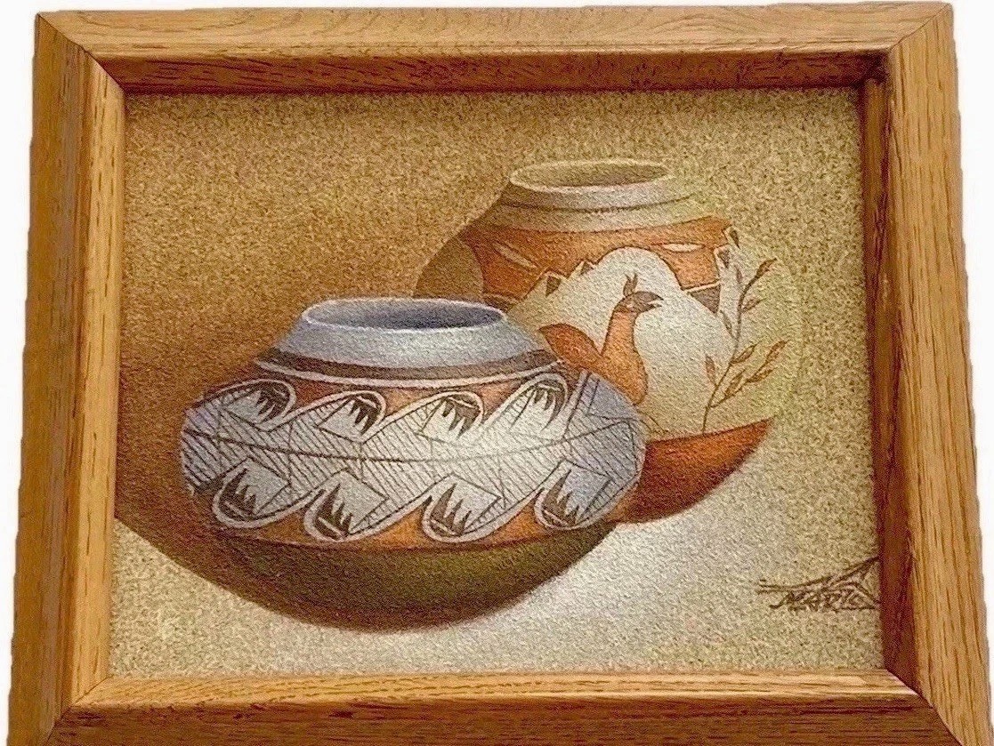 Navajo Sand Painting Signed By Artist Marzo “Painting Of Pottery”COA On Back