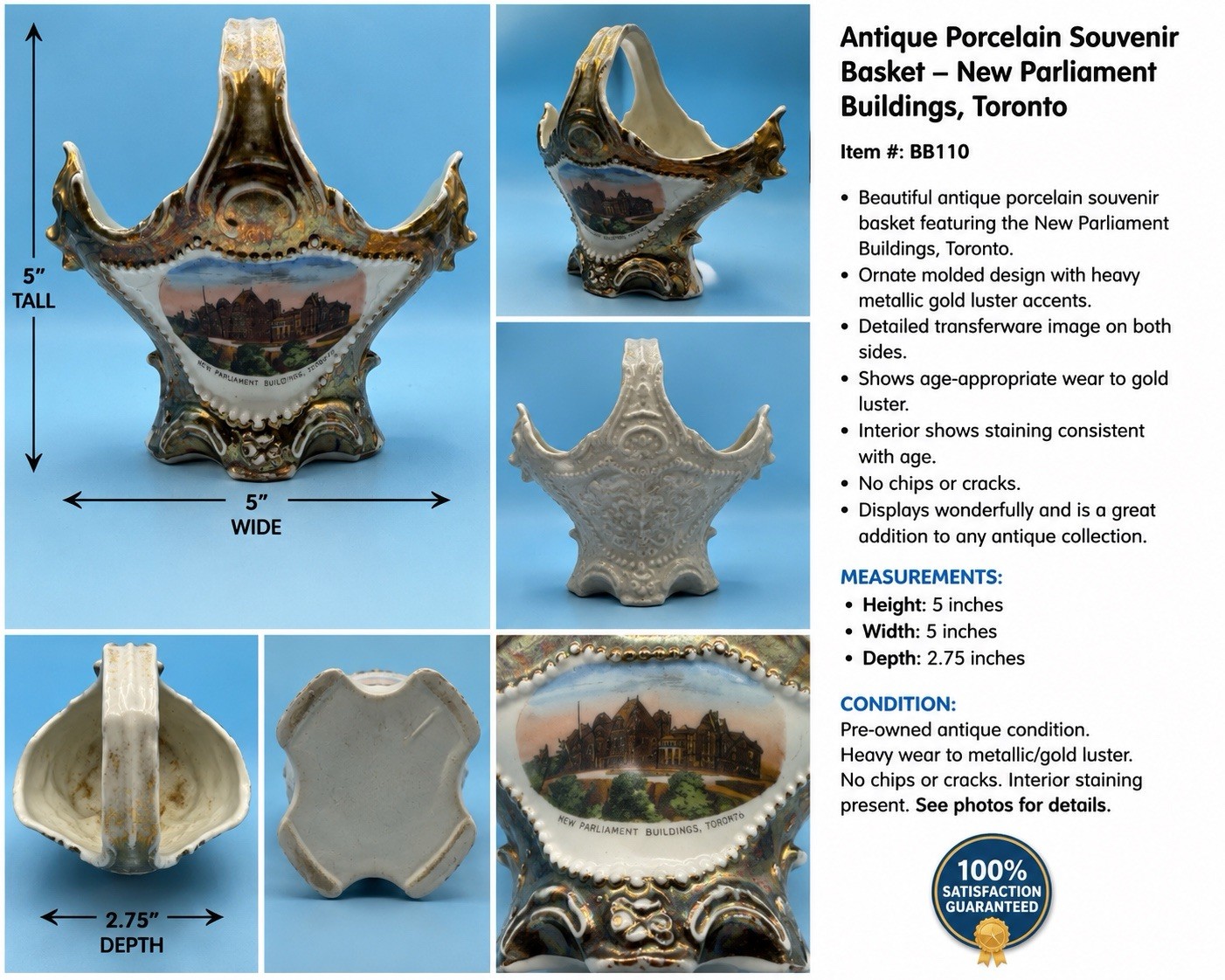 Vintage Toronto Parliament Buildings Porcelain Souvenir Basket Gold Luster