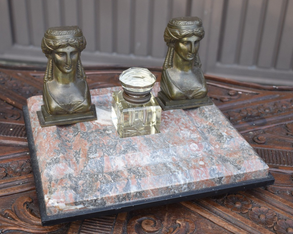 French antique empire marble & bronze caryatid lady statue inkwell desk