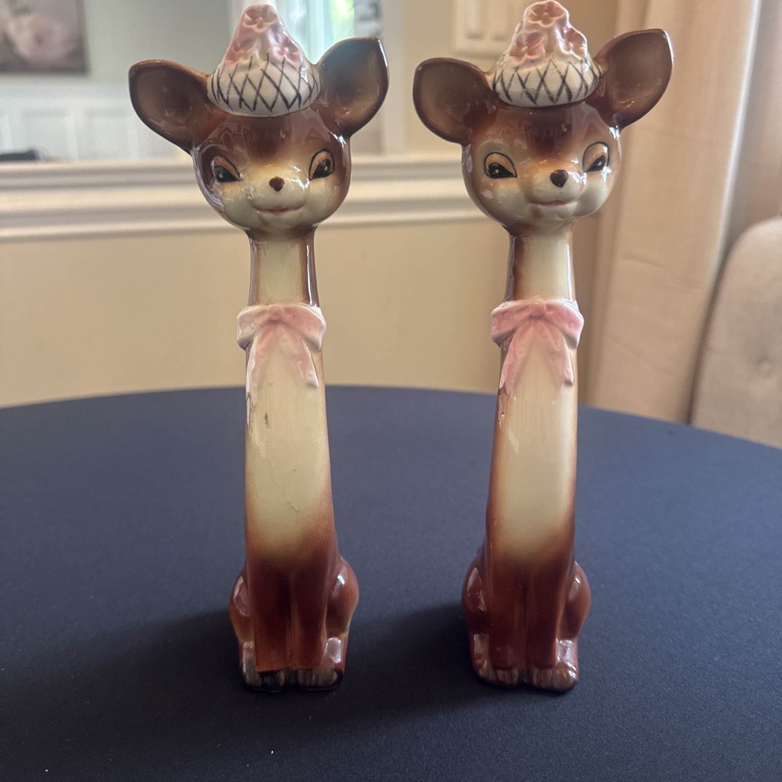 Vintage 1956 NAPCO Bambi Deer Salt & Pepper Shakers Long Neck Floral Hats Pair