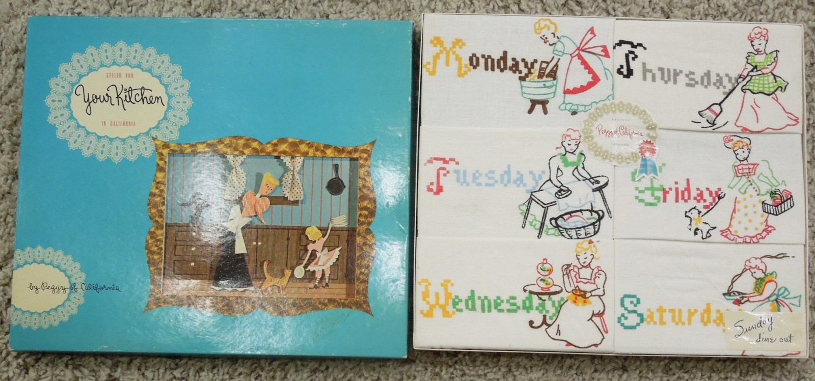 RARE Vtg 1950's Boxed Set Peggy of California Days of Week Kitchen Towels ~ NIB
