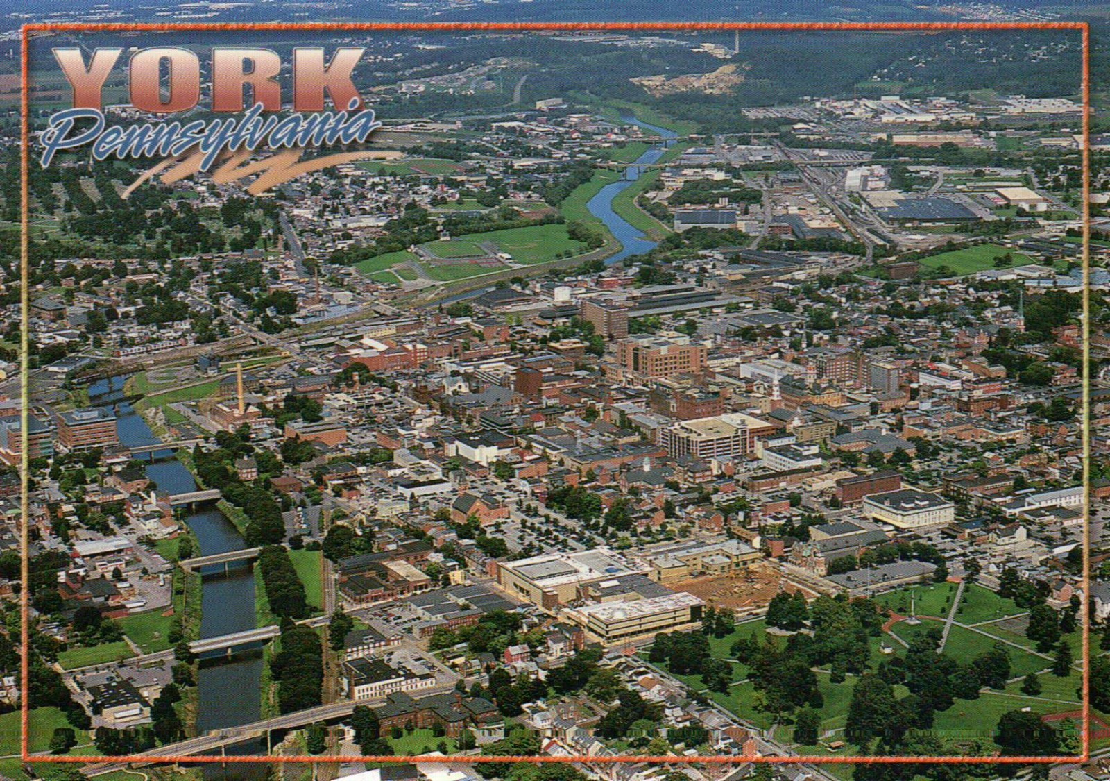 Aerial View of York, Pennsylvania, Downtown, Codorus Creek, History --- Postcard