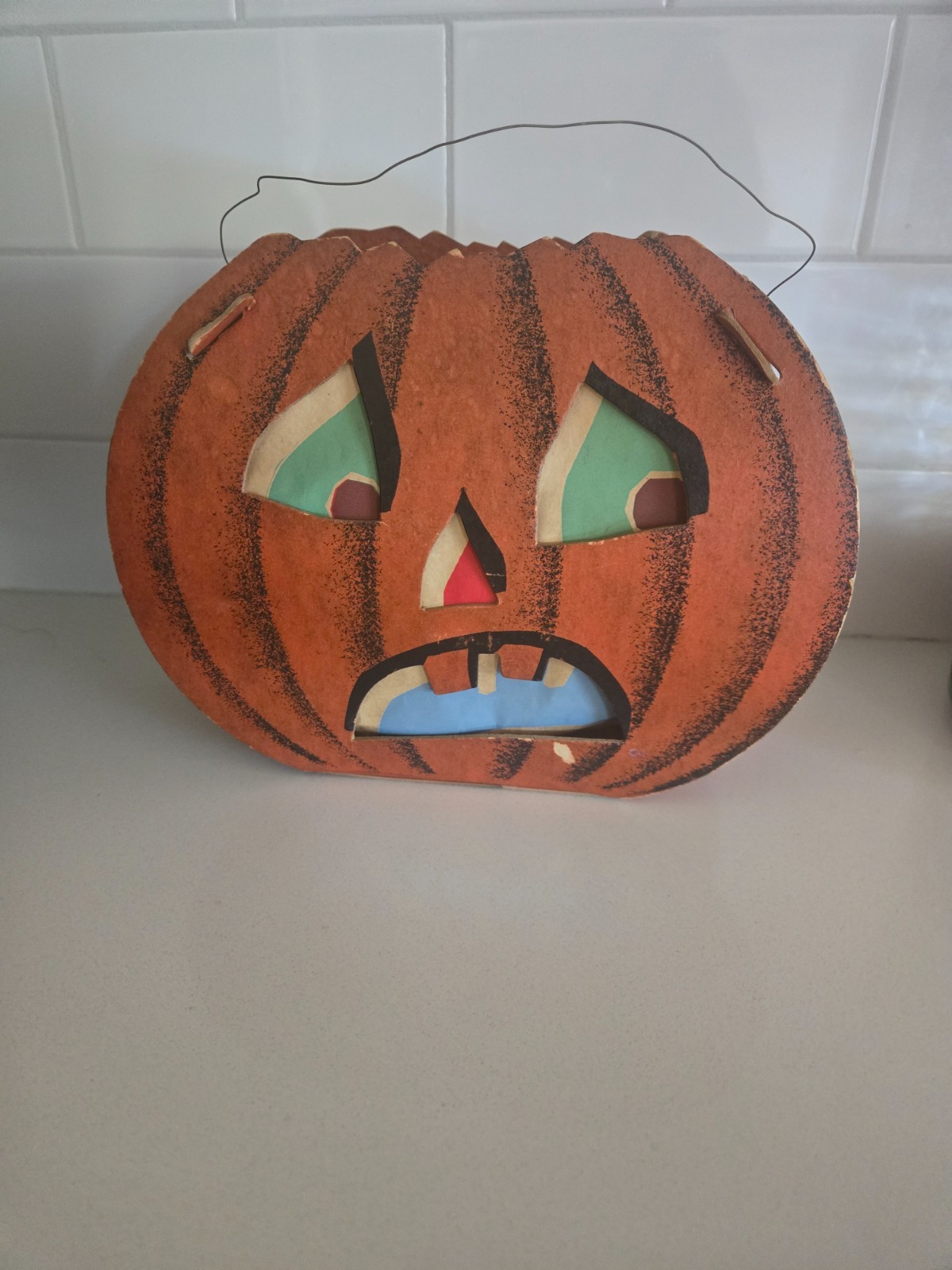 Antique 1940’s Halloween Cardboard Jack O Lantern Pumpkin 5 1/2” Tall