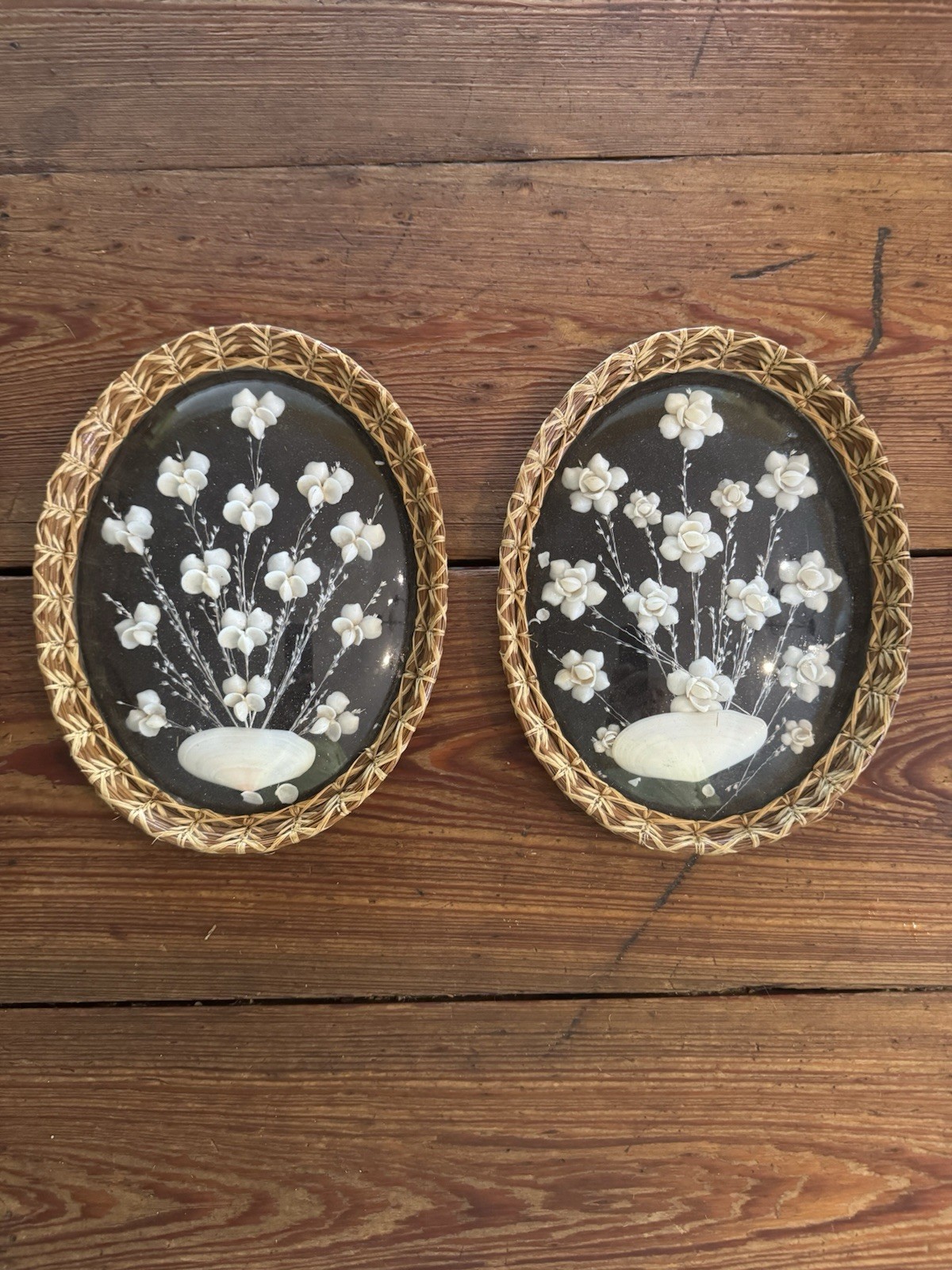 Pair of Antique 1940’s Florida Shell & Pine Needle Frame Floral Oval Pictures