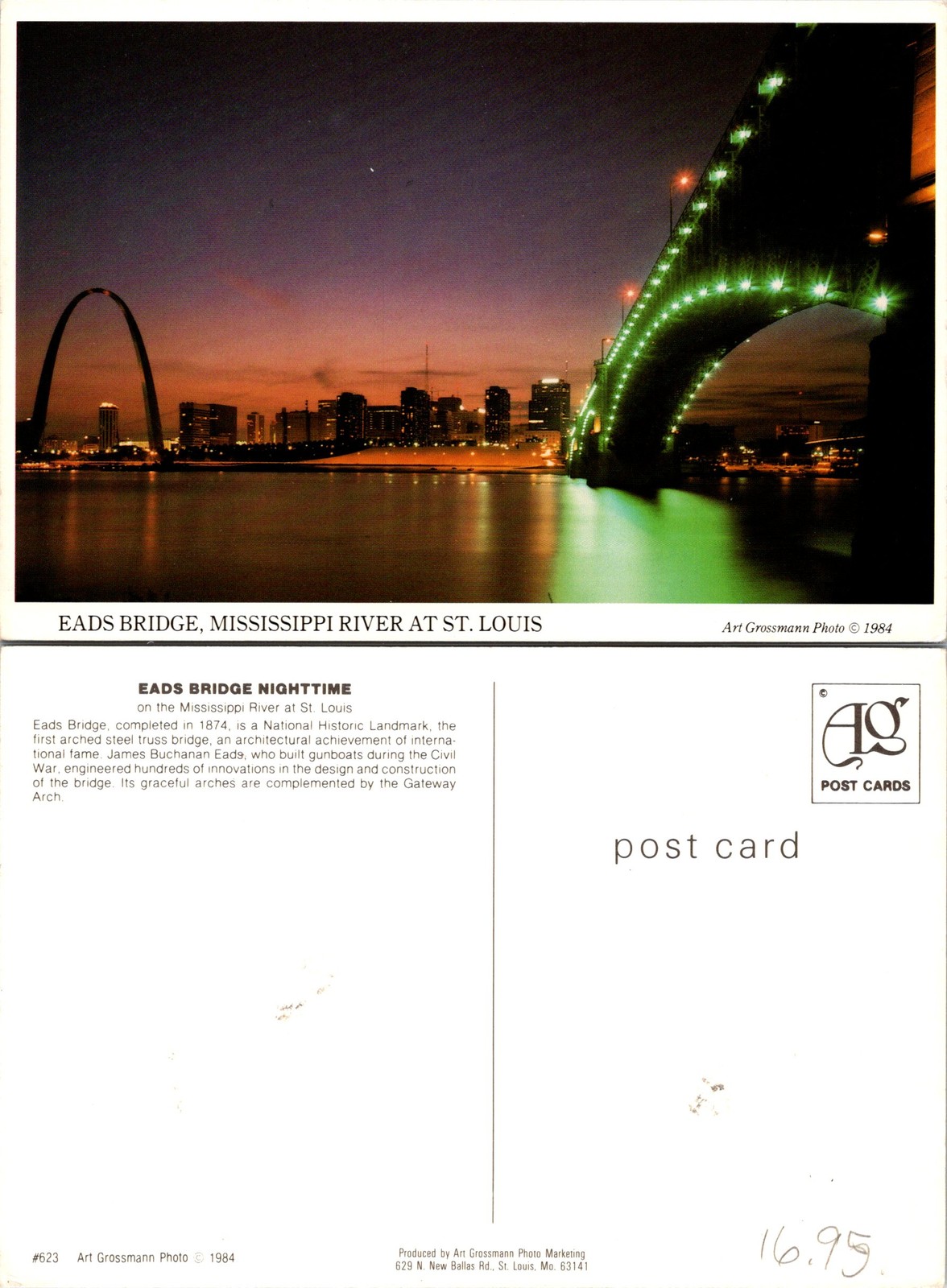 St. Louis MO Eads Bridge, Mississippi River At Night, Lights Postcard 74038
