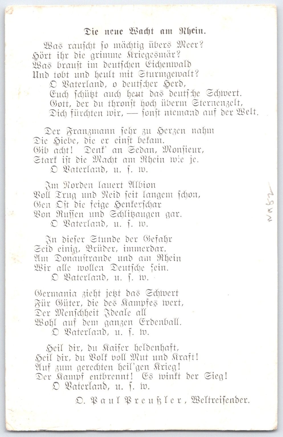 Vintage O. Paul Preussler German Patriotic Postcard with Poem WWI