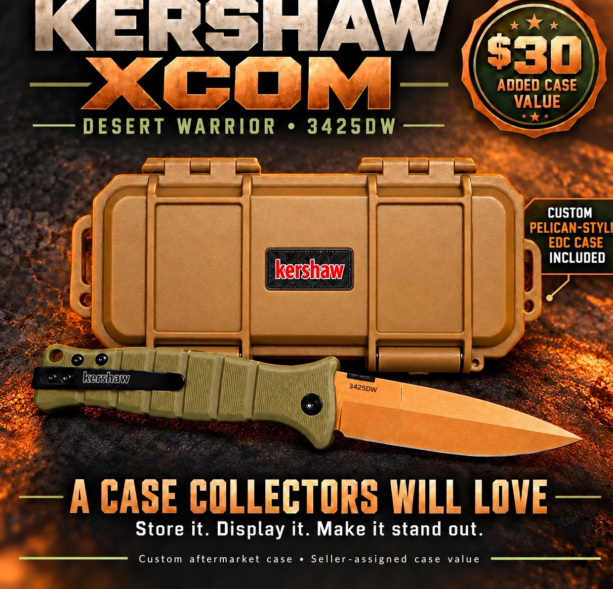 Kershaw XCOM 3425DW Desert Warrior 8Cr13MoV Drop Point Plain w/ Case