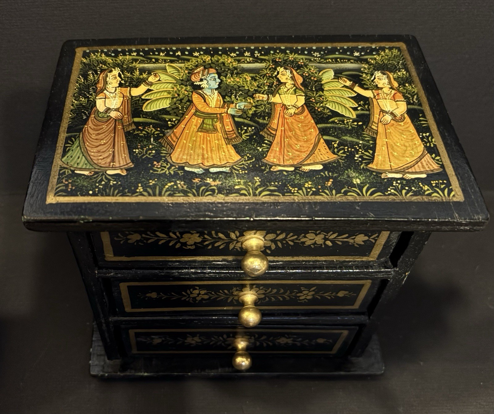 VINTAGE Hand Painted Three Drawer Wood Jewelry Trinket Box India Krishna Scenes