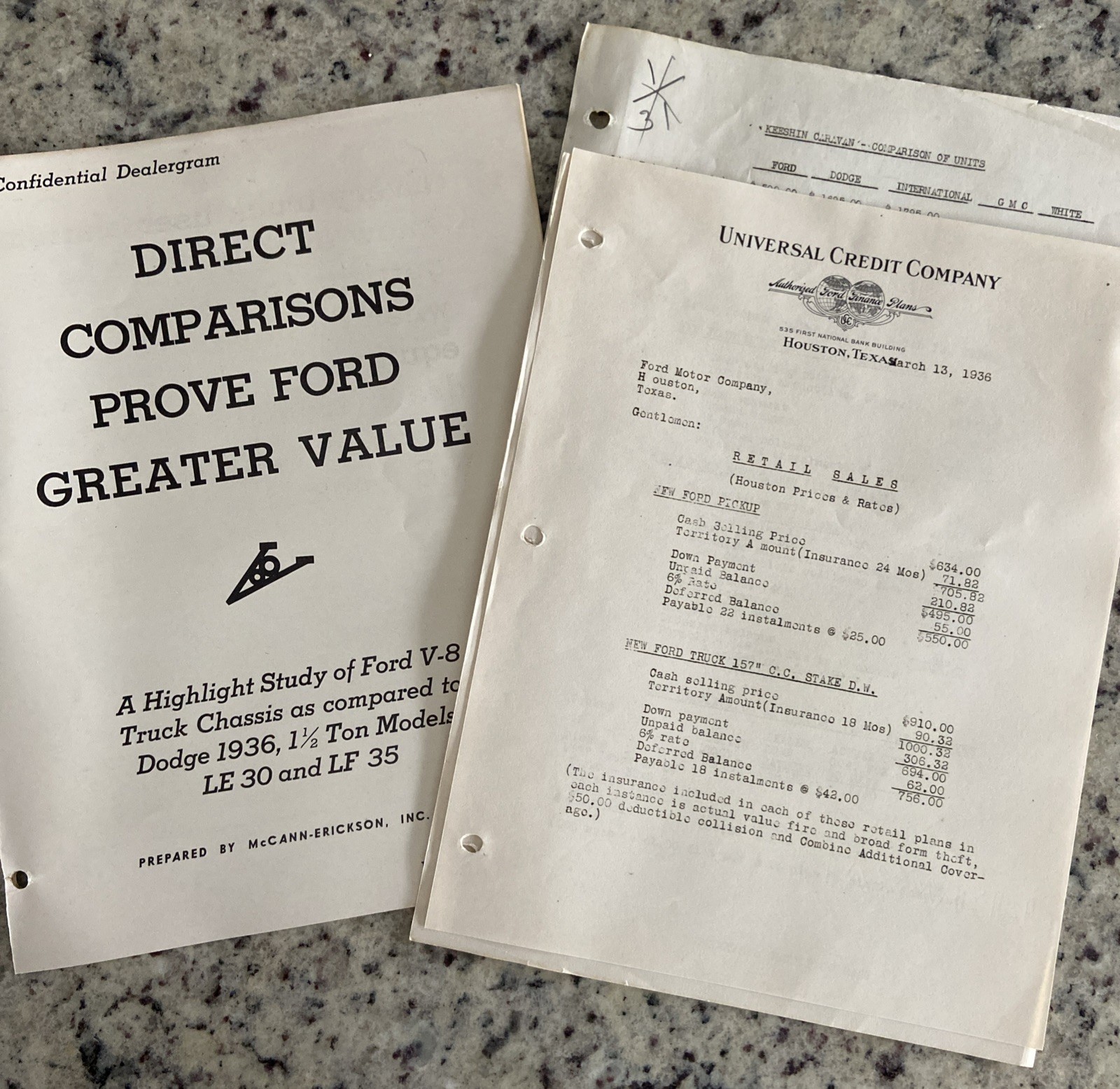 Vintage 1936 Ford V8 vs. Dodge HD Truck 1.5 Ton Ford Dealer Brochure Price Lists