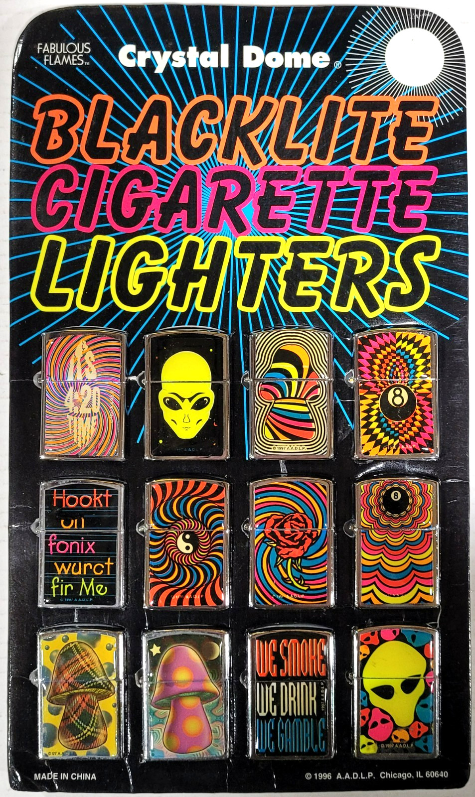 Vintage 1996 - Counter Display of 12 Blacklite Novelty Cigarette Lighters (2102)