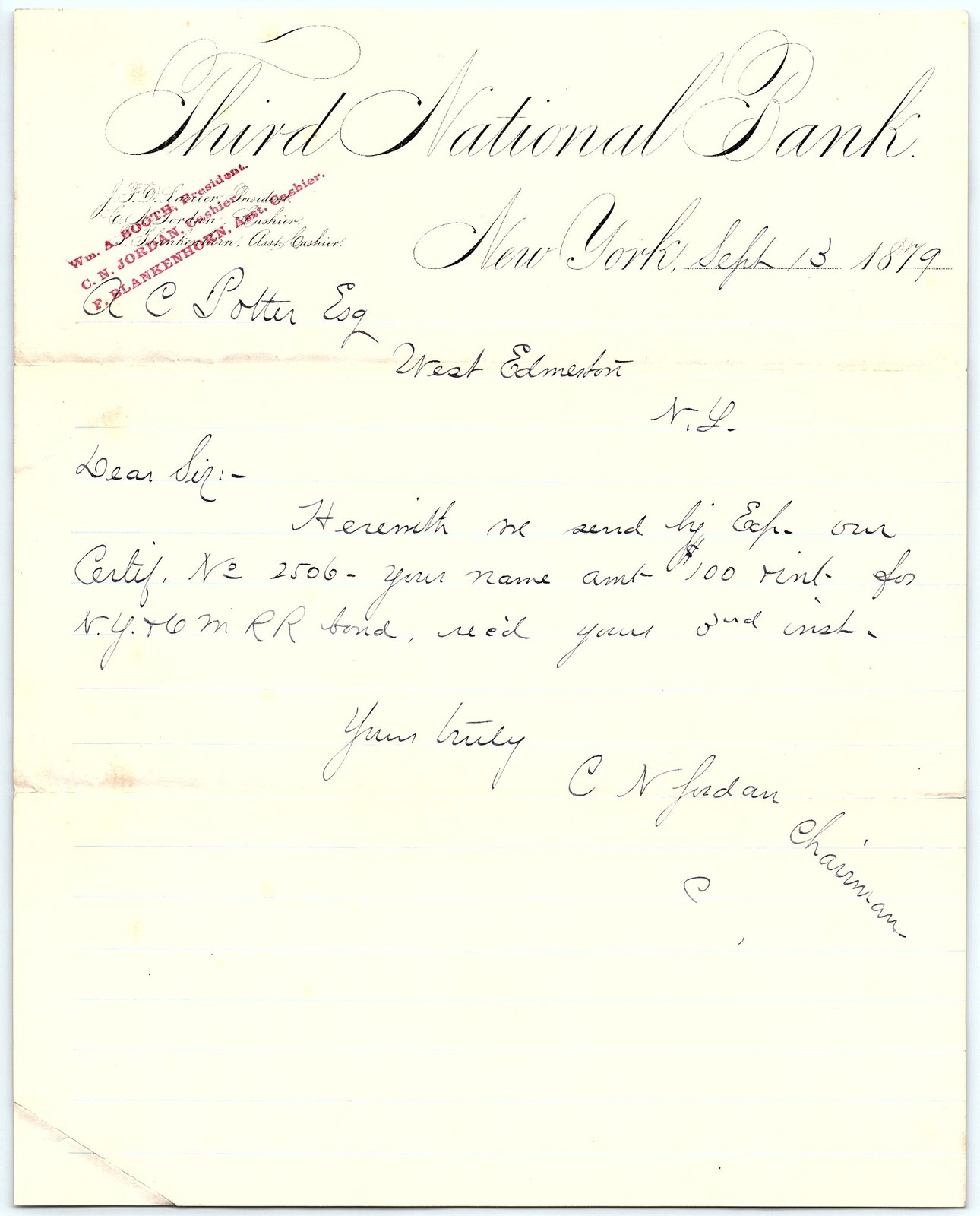 1879 Third National Bank NY letter re: RR bond certificate