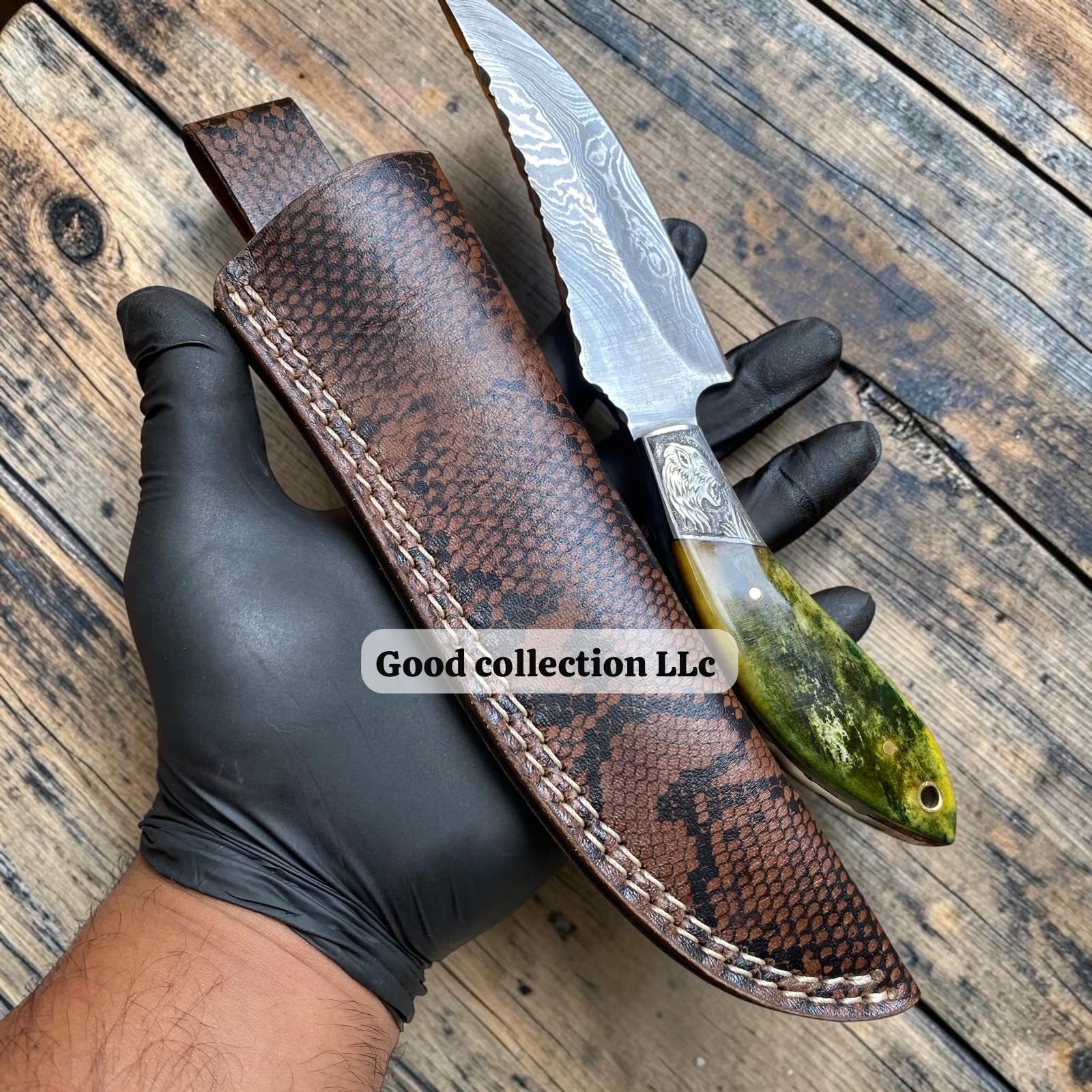 Custom Handmade Knife_Native Engraved Knife_Damascus Steel Knife & Leather Cover
