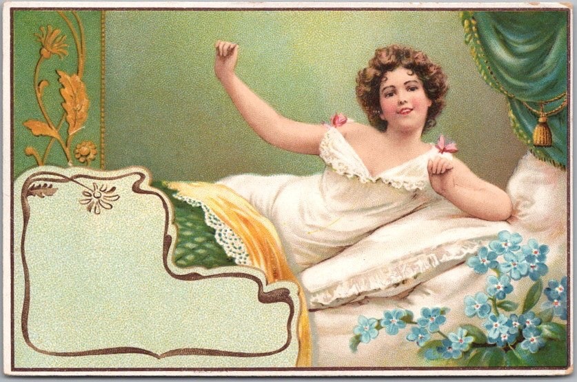 c1910s PRETTY LADY Embossed Postcard Young Woman in Bed / Lingerie - Unused
