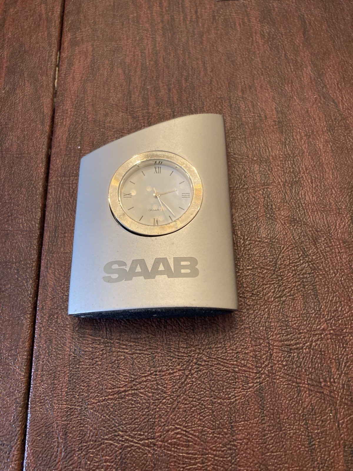 SAAB Brand Desk Top Clock Aluminum. 1990's Era