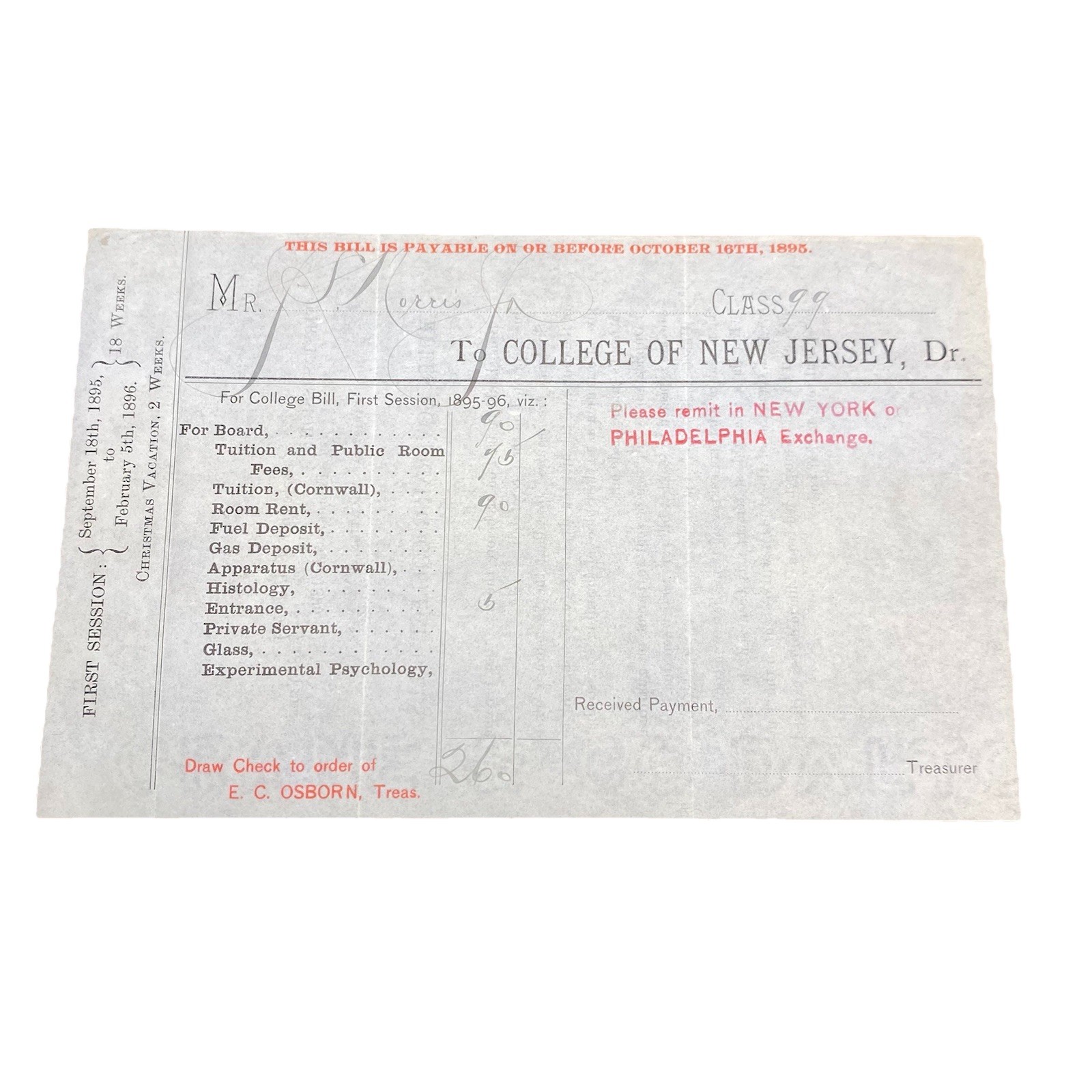 Antique Princeton University College Bill 1895 Formerly College Of New Jersey