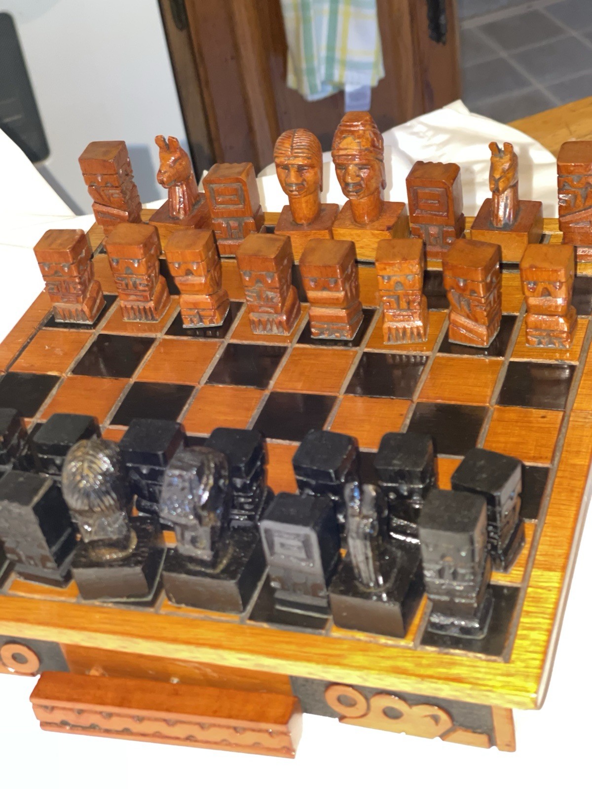 Nice RARE VTG Carved Wood Chess Set Aztec 10” Folding Board Case John Clifford