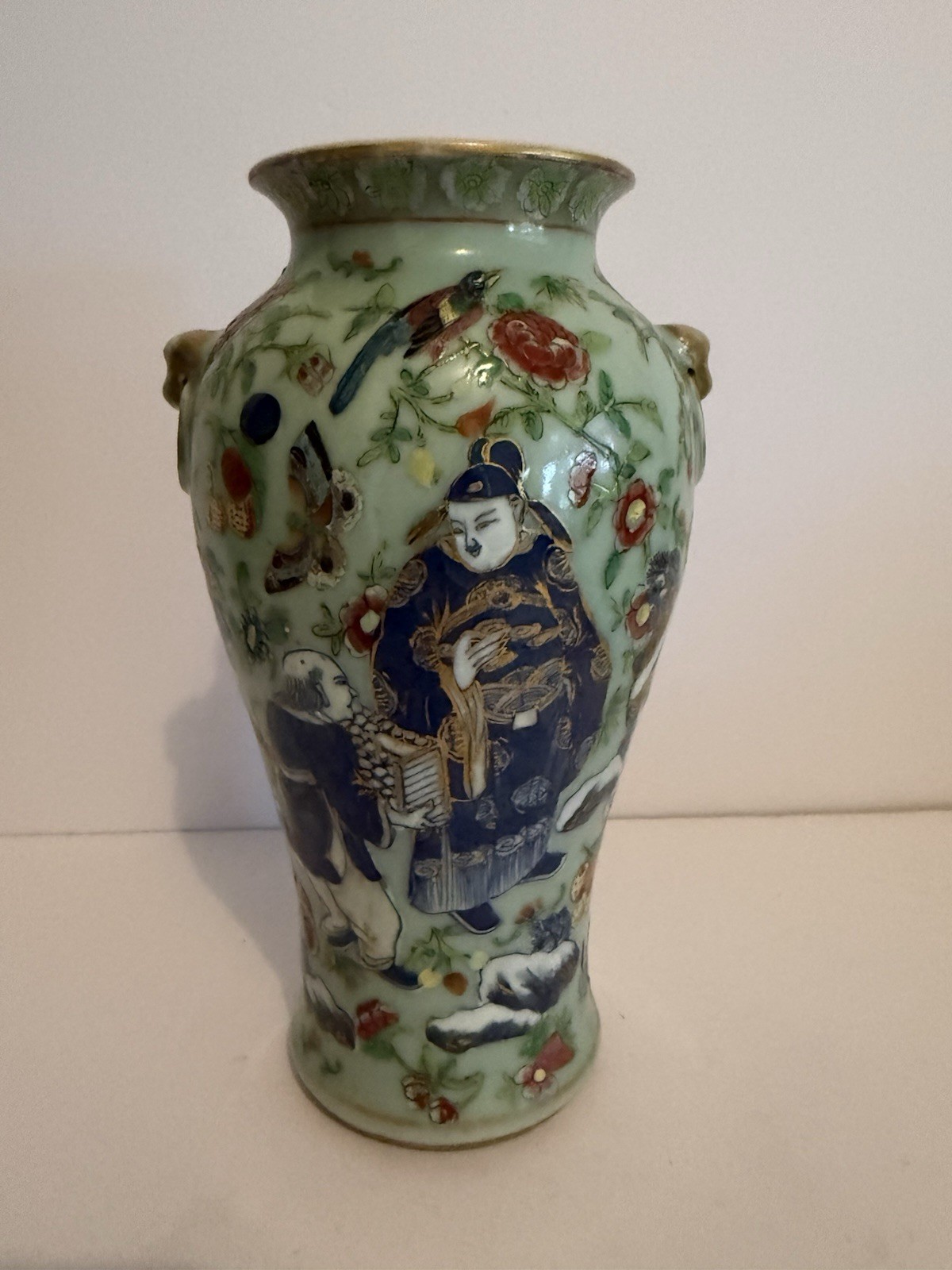 Antique Chinese Celadon Famille Rose Vase 23cm Birds Figures Butterflies