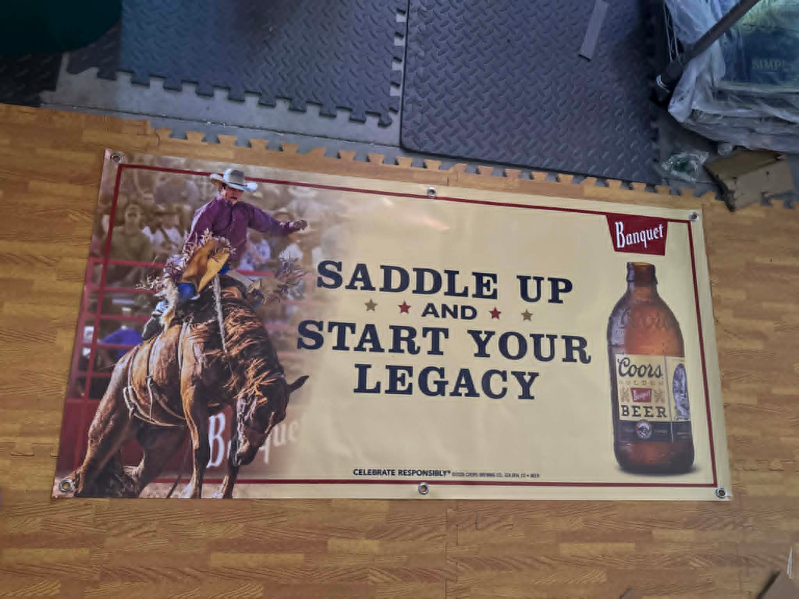 Coors Banquet Rodeo Banner 48x24 Saddle Up Cowboy Beer Bar Sign Western Garage