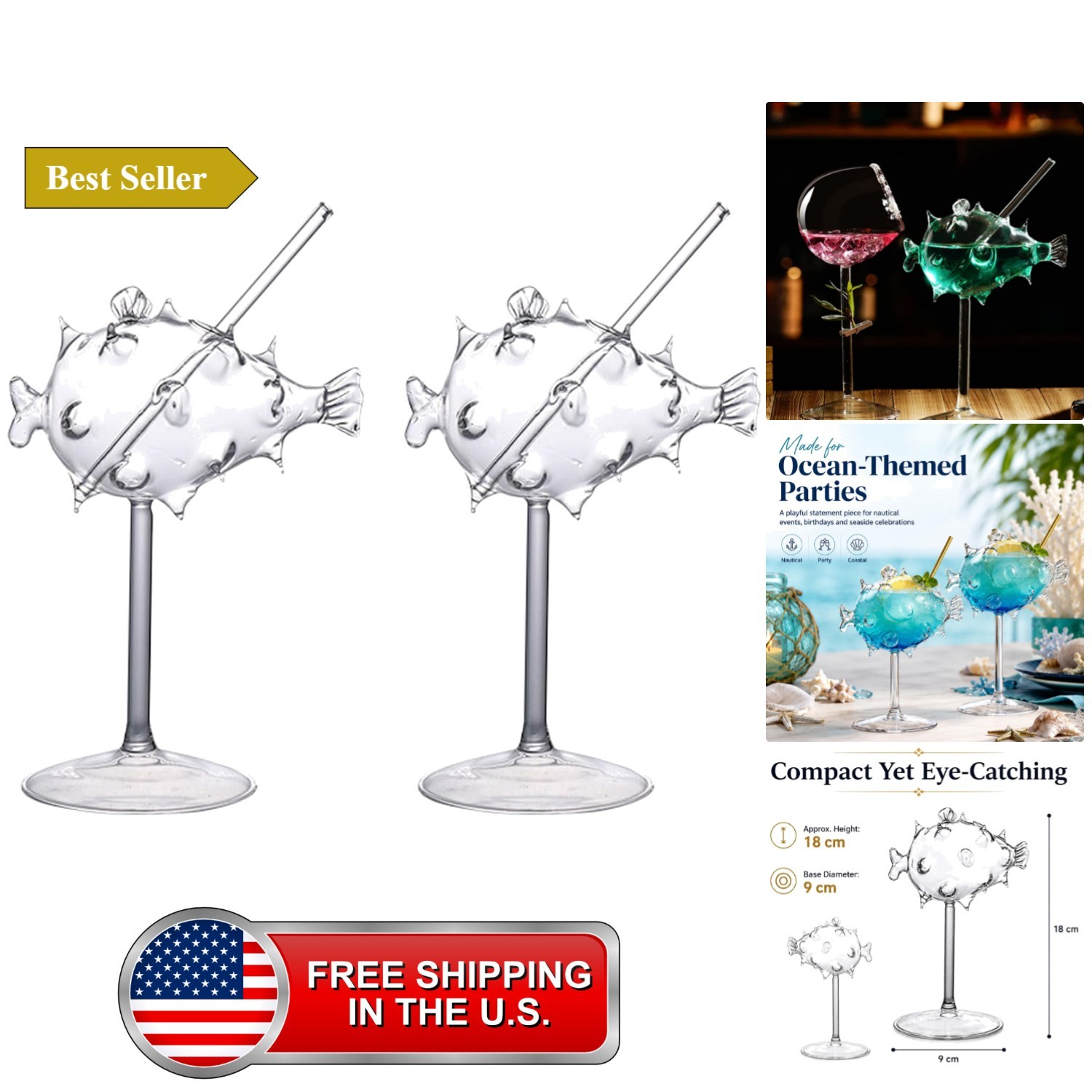 2-Piece Novelty Puffer Fish Glasses Drinking with Straw Funny Party Goblet 2-Piece Novelty Puffer Fish Glasses Drinking with Straw Funny Party Goblet