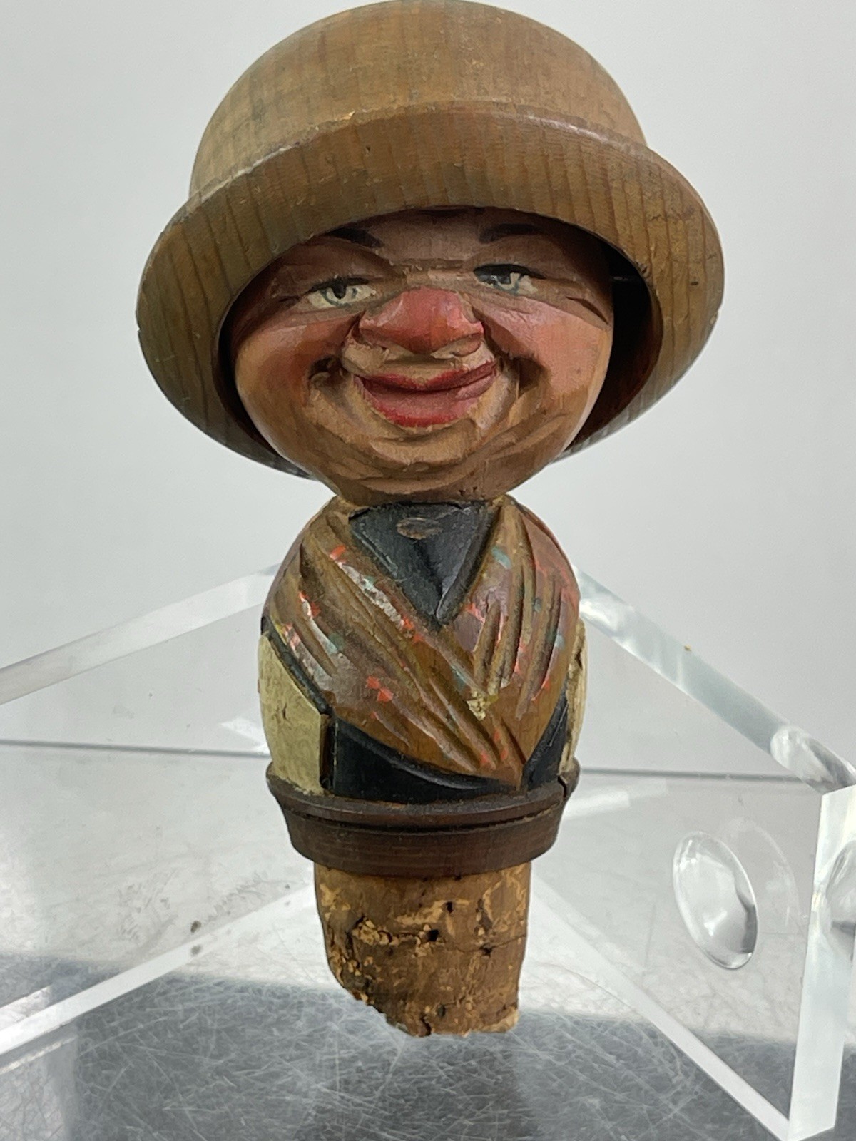Vintage  Anri Mechanical Bottle Stopper – Carved Man rolling Hat Two Faced