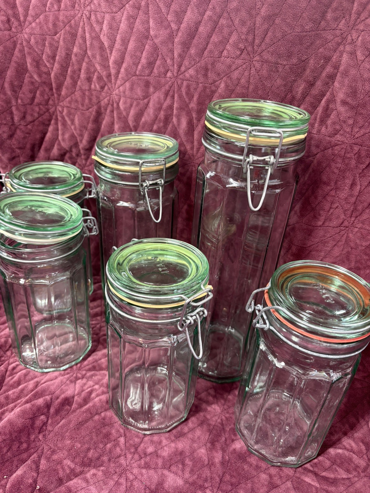 Vintage Set Of Vetreria Ettusca Paneled Glass Jars made in ITALY green **NICE**