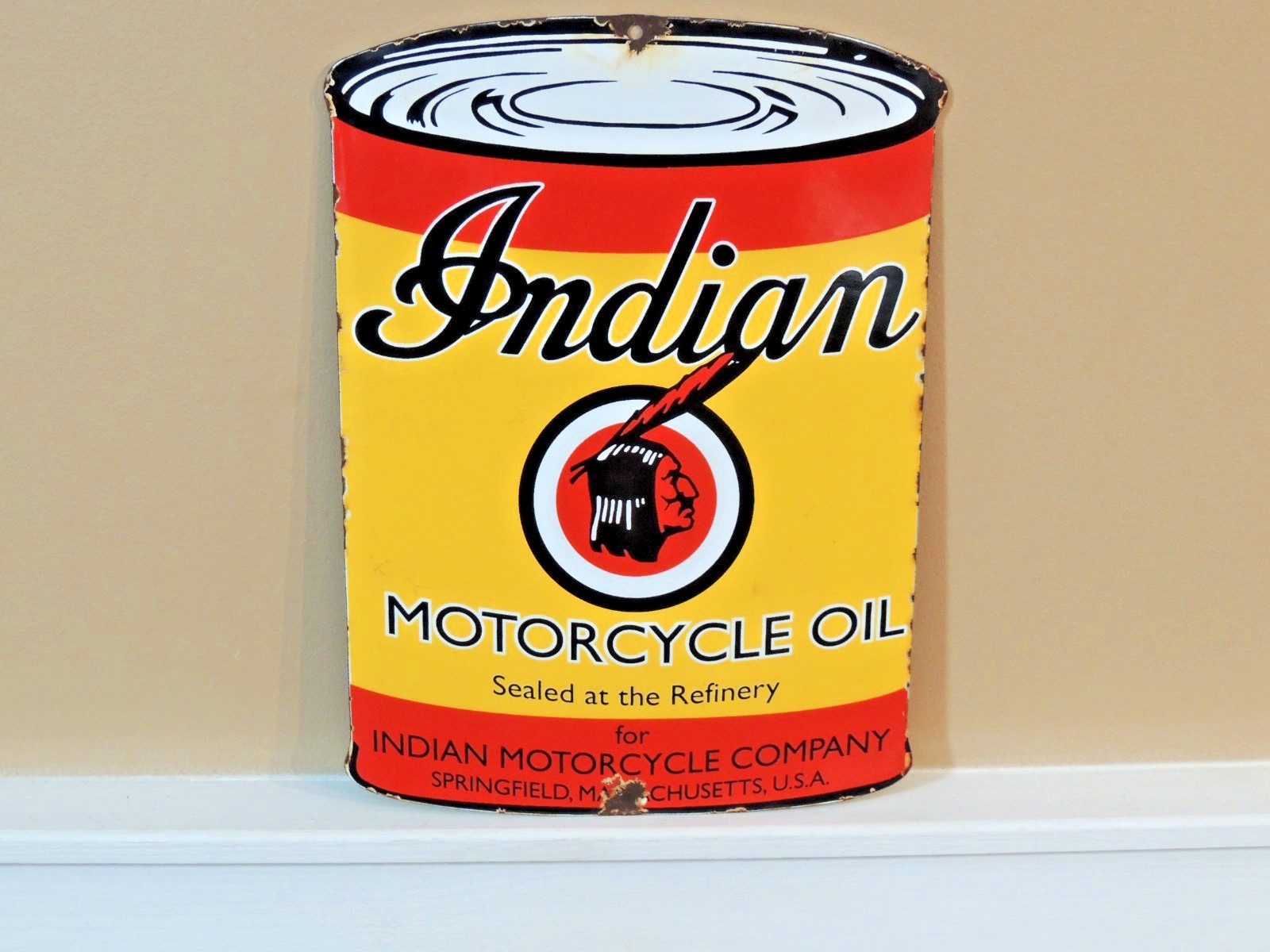 Vintage Original Indian Motorcycle Porcelain Oil Can Sign Springfield Mass.
