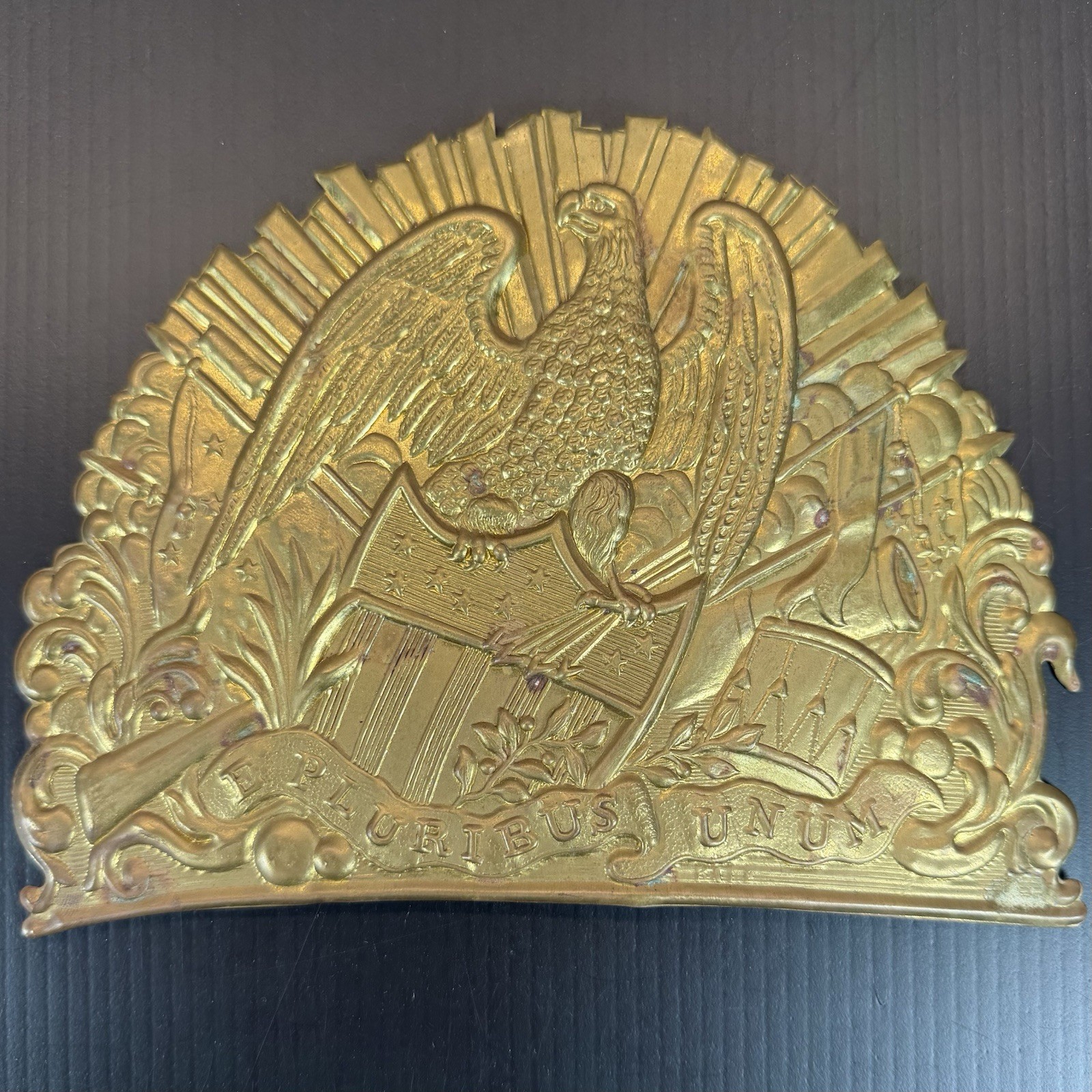 Antique Embossed Brass US Militia Shako Cap Plate Badge Eagle E Pluribus Unum
