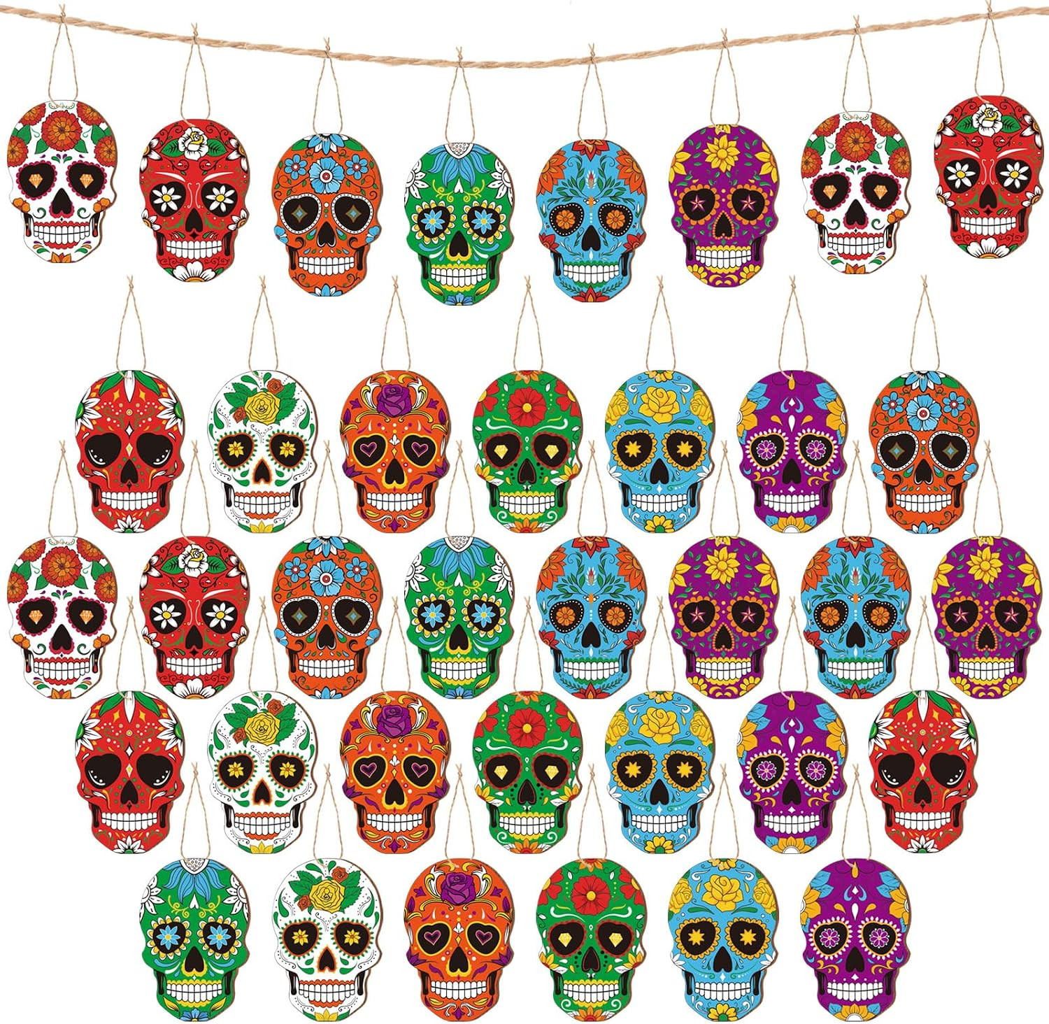 36 Pcs Day of the Dead Wooden Ornaments Dia De Los Muertos Sugar Skull O 36 Pcs Day of the Dead Wooden Ornaments Dia De Los Muertos Sugar Skull O