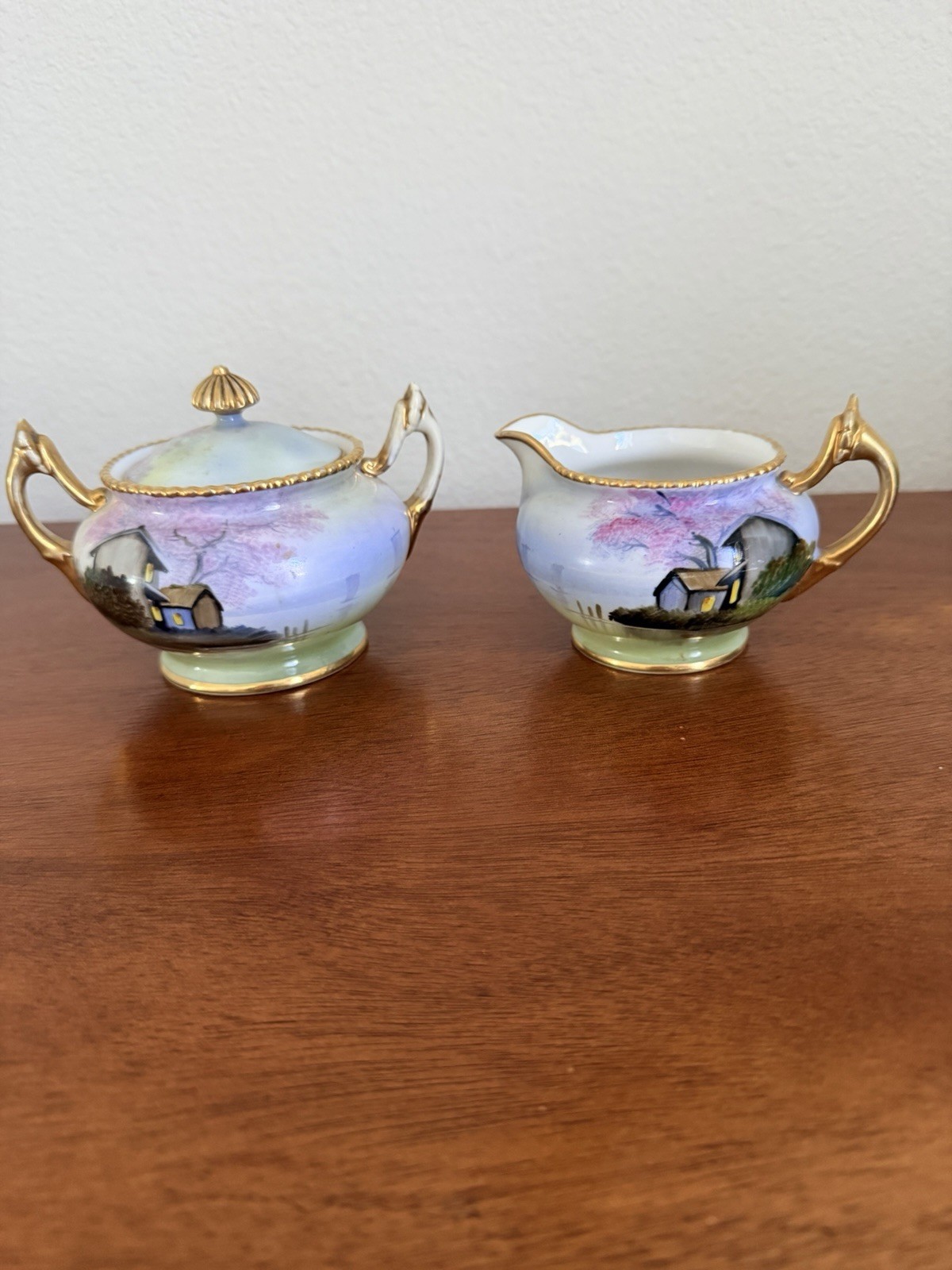 Antique Noritake Hand Painted Sugar Bowl & Creamer Scenic  Gold Trim c.1920s