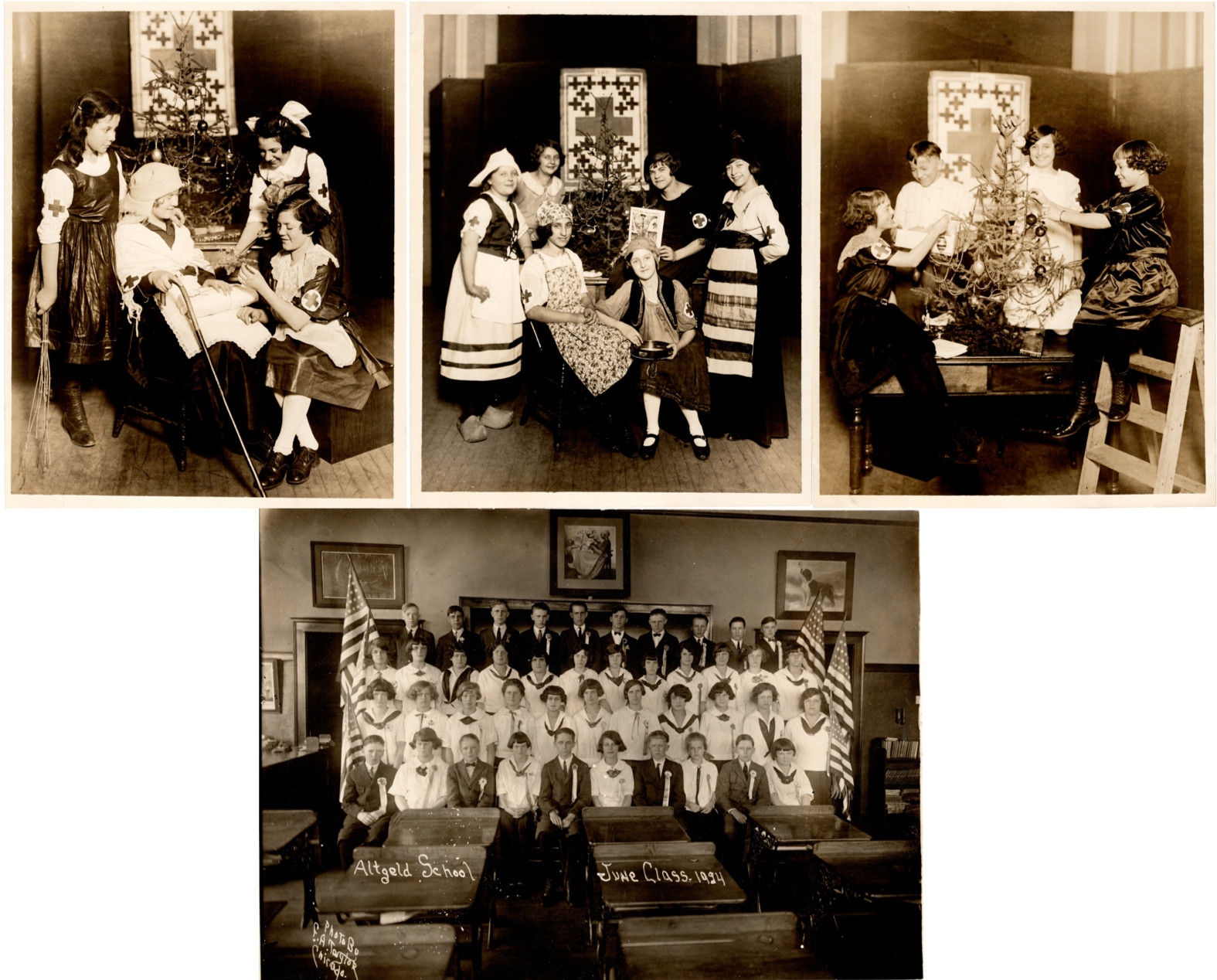 4 Junior Red Cross Photographs ca. 1924, Native Costume Christmas Tree Chicago