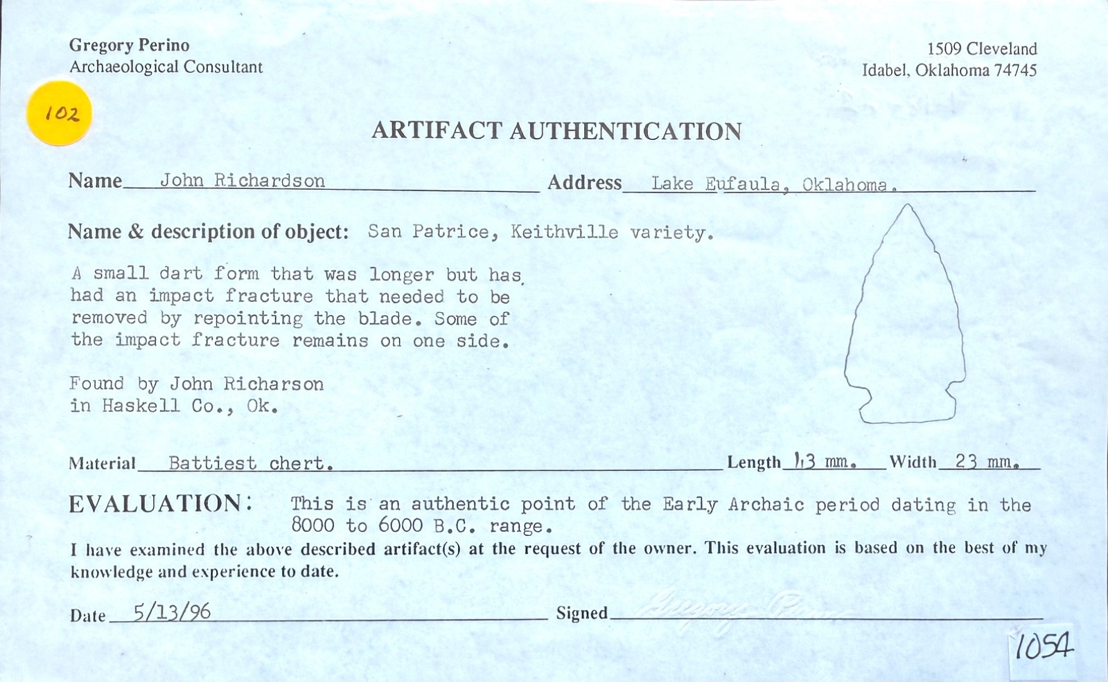 Oklahoma San Patrice 100% Guaranteed Authentic Artifact  Relic Greg Perino COA