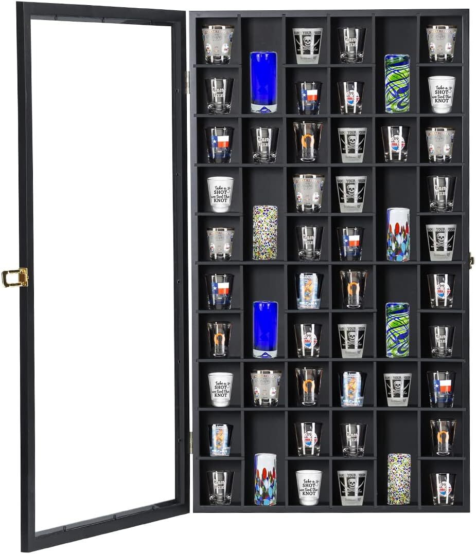 Lockable Shot Glass Display Case Black Solid Wood 52 Slots Uv Protection