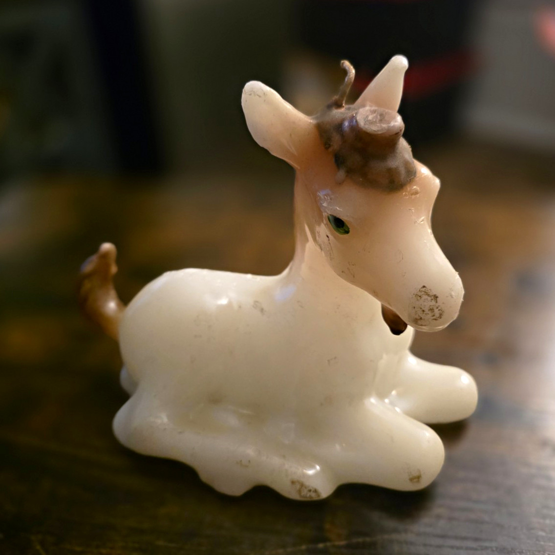 Vtg Hand Painted Figural Wax Candle Lying Pony Foal Donkey Inset Eyes Unstruck