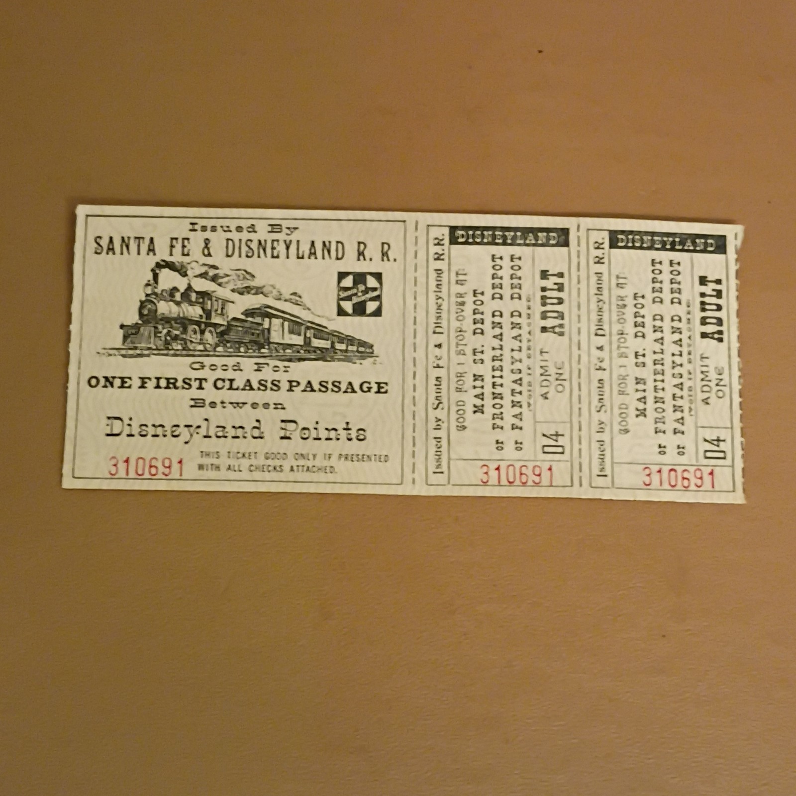 Vintage 1957 Santa Fe & Disneyland Railroad Train Ticket Strip 1st Class Adult