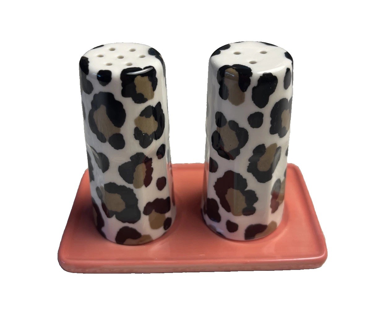 Anthropologie Chintzware Leopard Salt And Pepper Shaker Set W/ Coral Color Tray