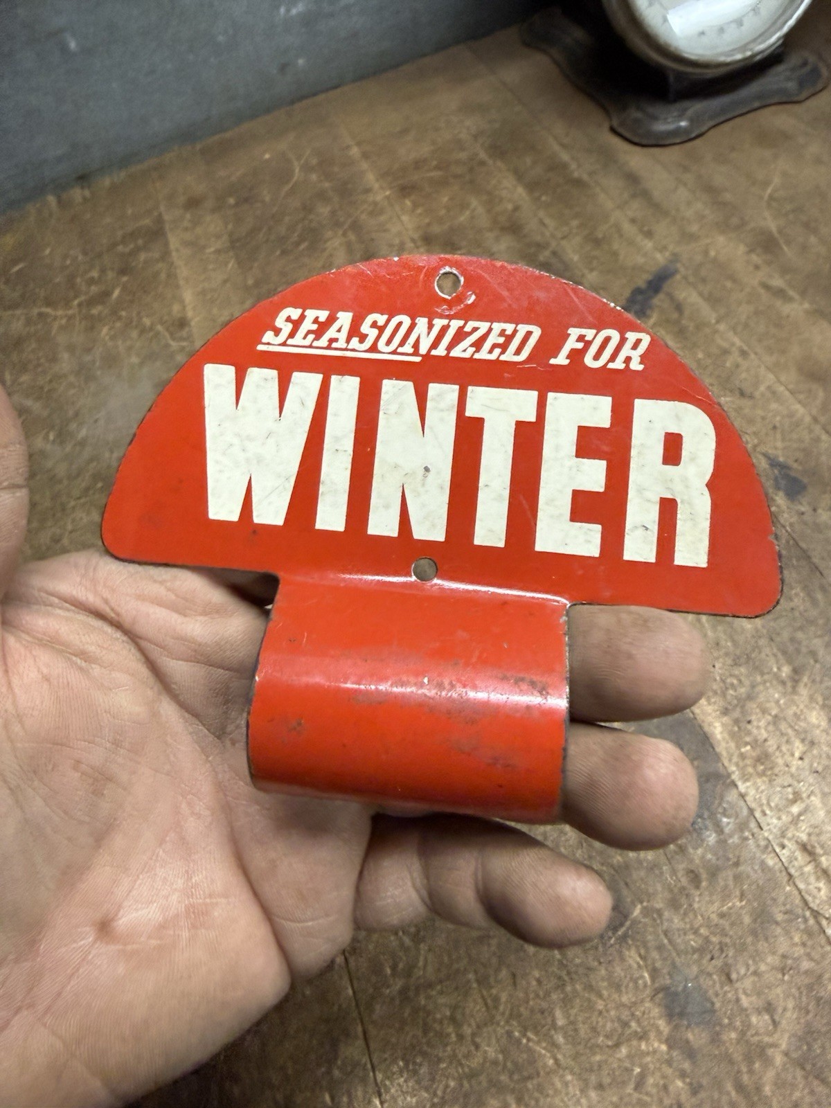 Vintage Rare Seasonized For Winter Gas Oil License Number Plate Tag Topper Sign