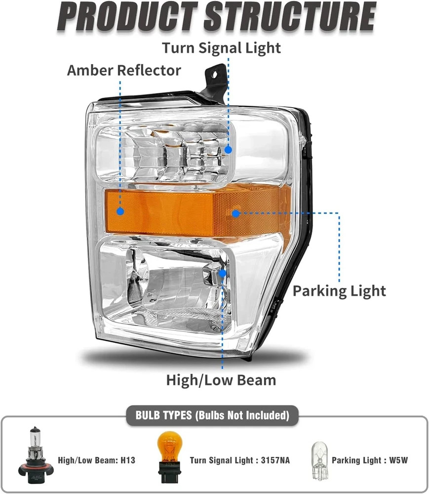 Headlight Assembly Pair for 2008-2010 Ford F250 F350 F450 Super Duty Chrome Hous